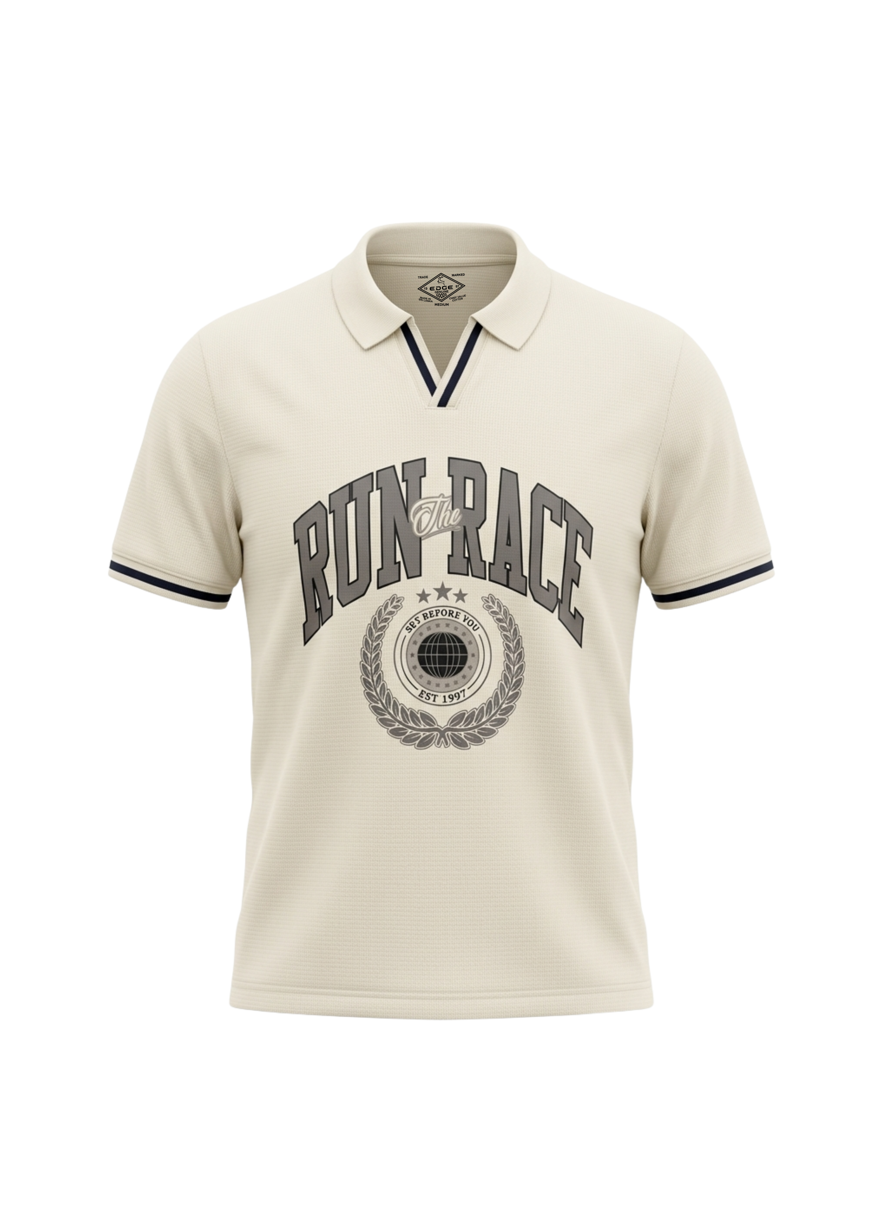 Beige polo shirt with 'Run the Race' text and design on a white background