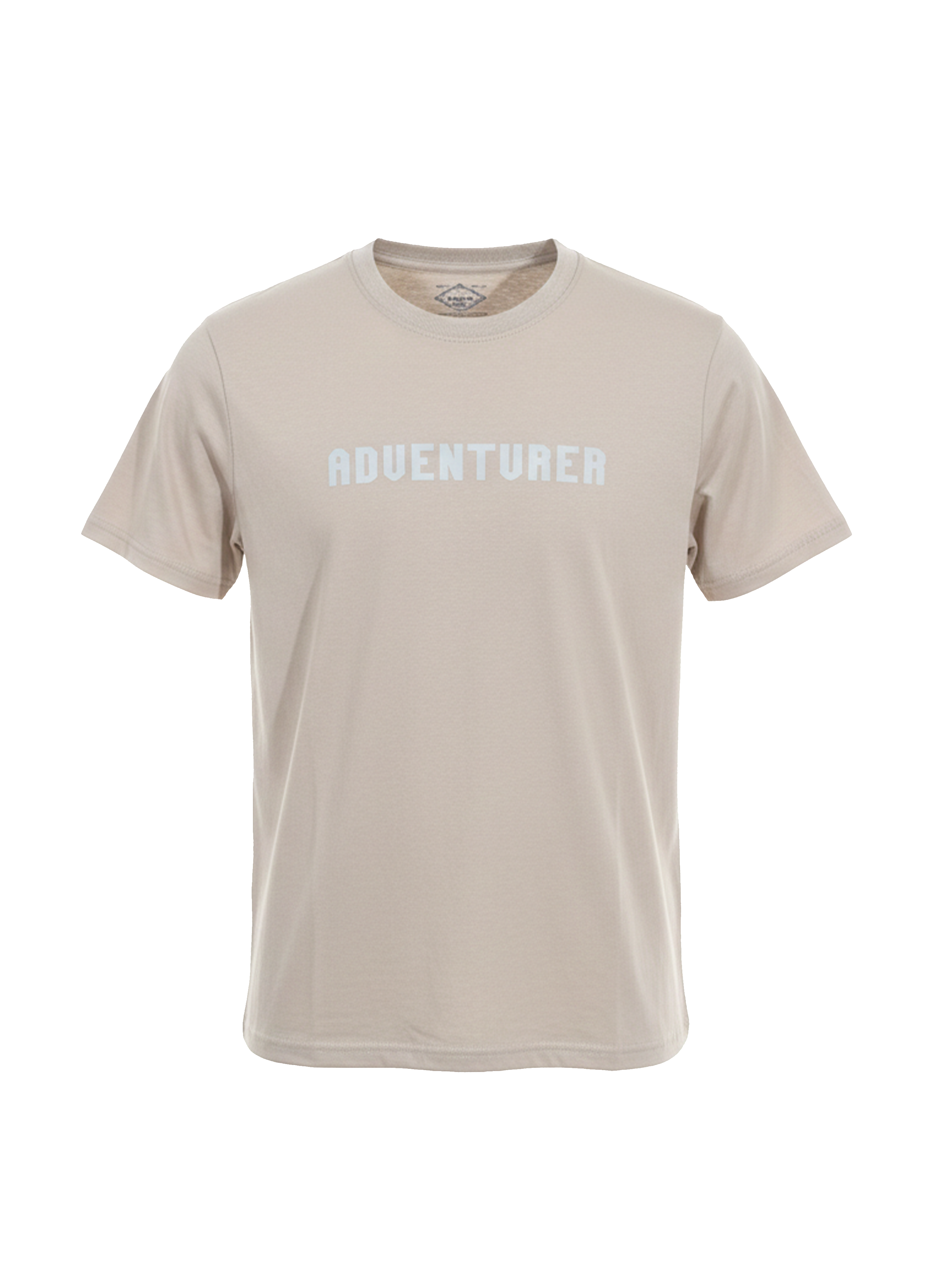 Beige t-shirt with 'ADVENTURER' text on a white background