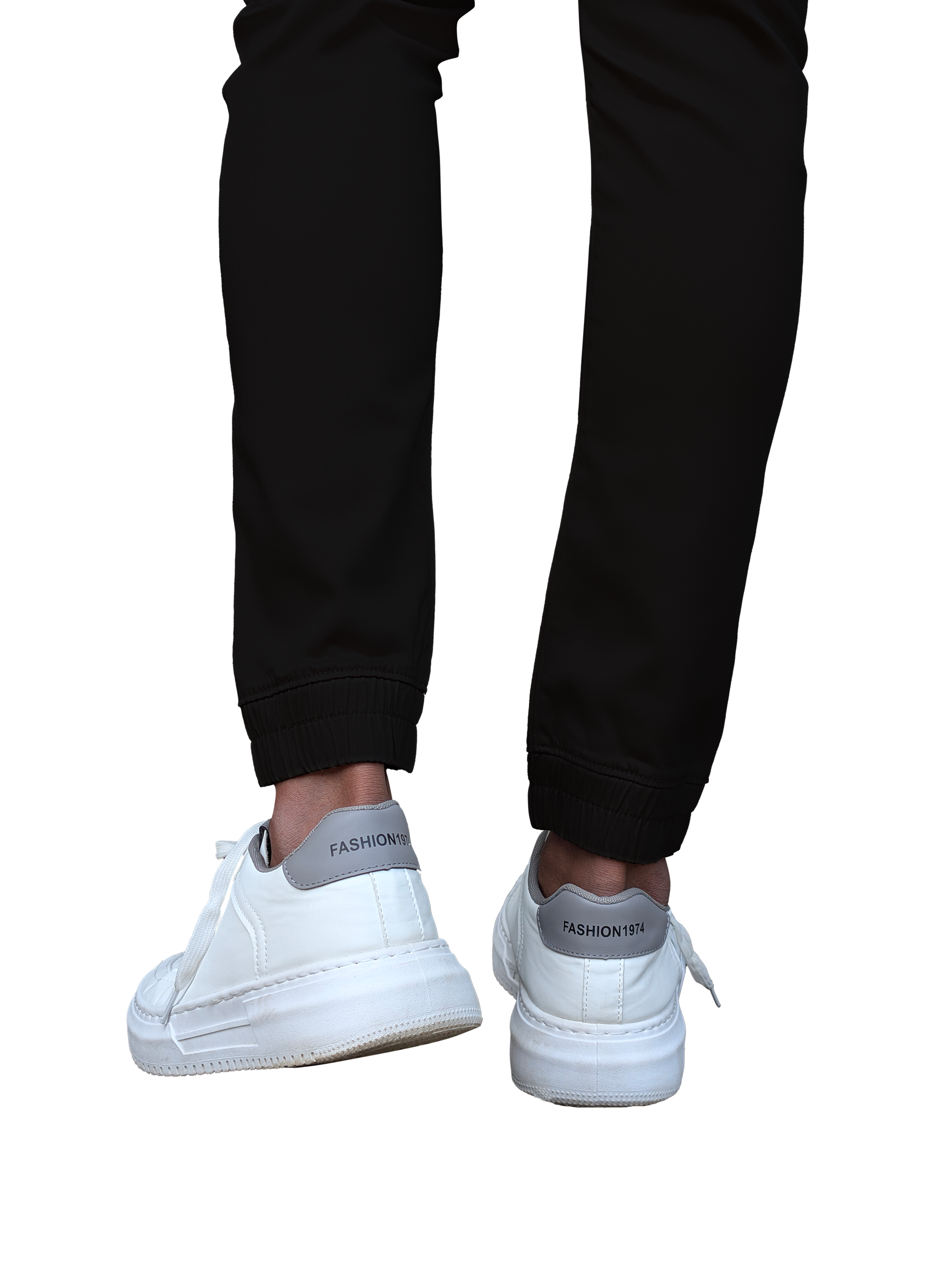 Person wearing black sweatpants and white sneakers with 'FASHION' branding on a white background