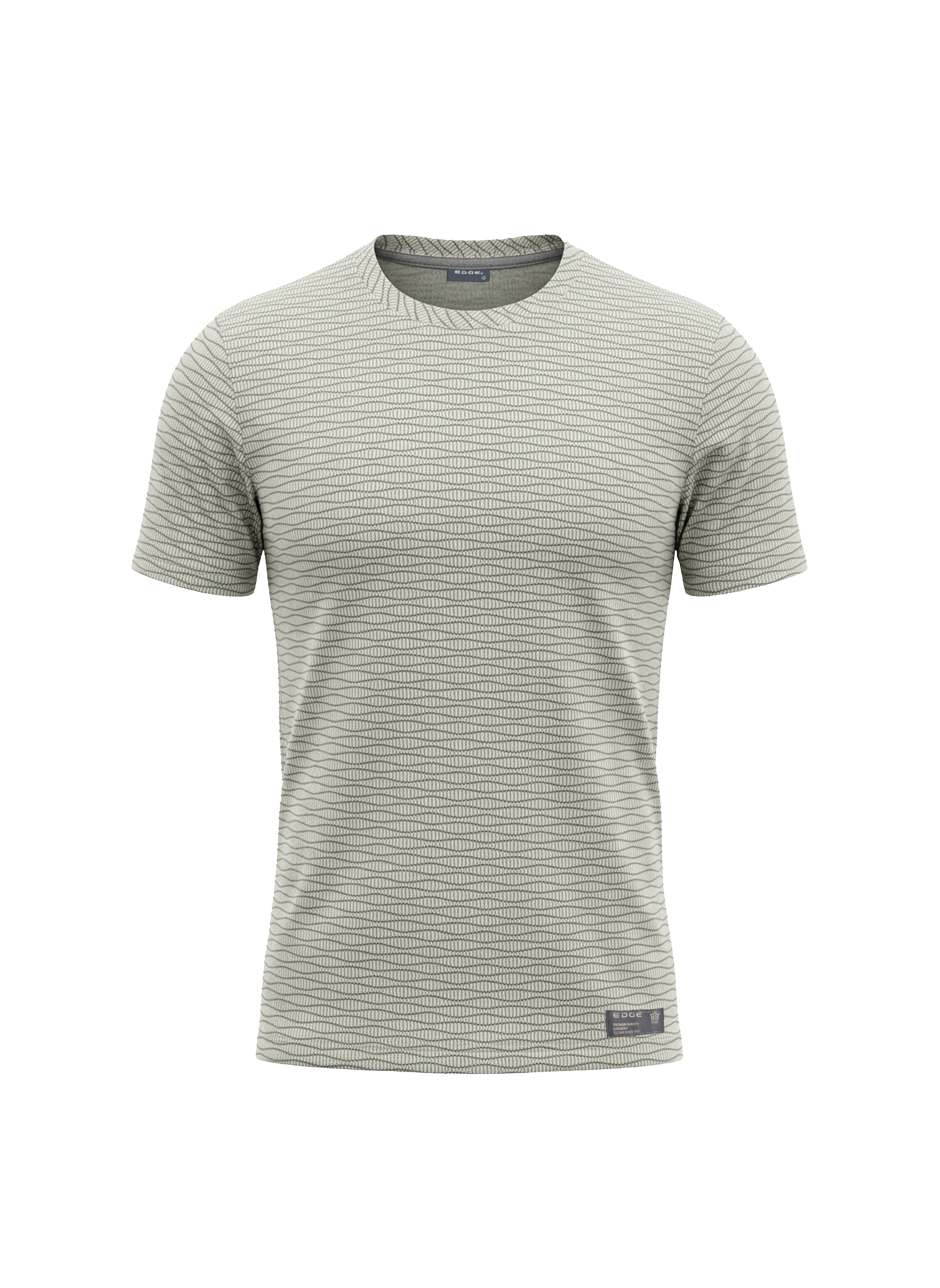 Striped t-shirt with a brand logo on a white background