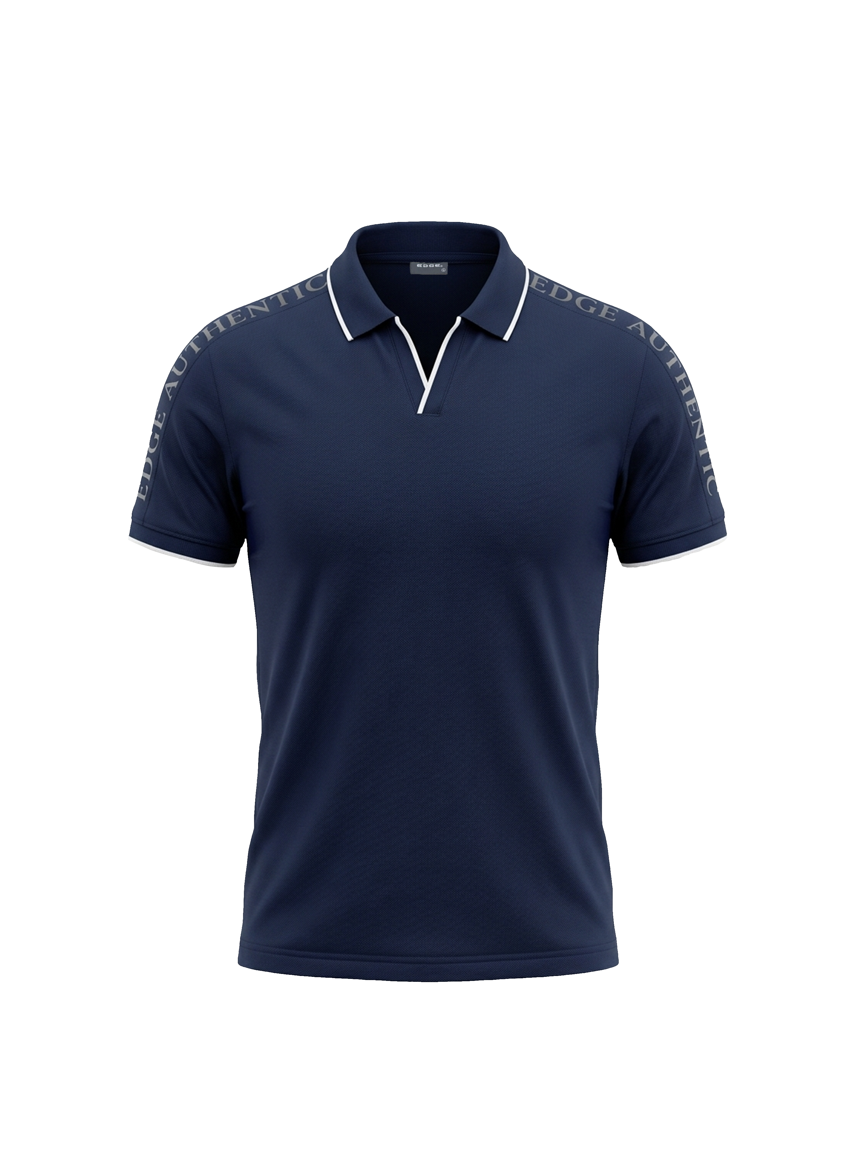 Navy blue polo shirt with white trim on a white background