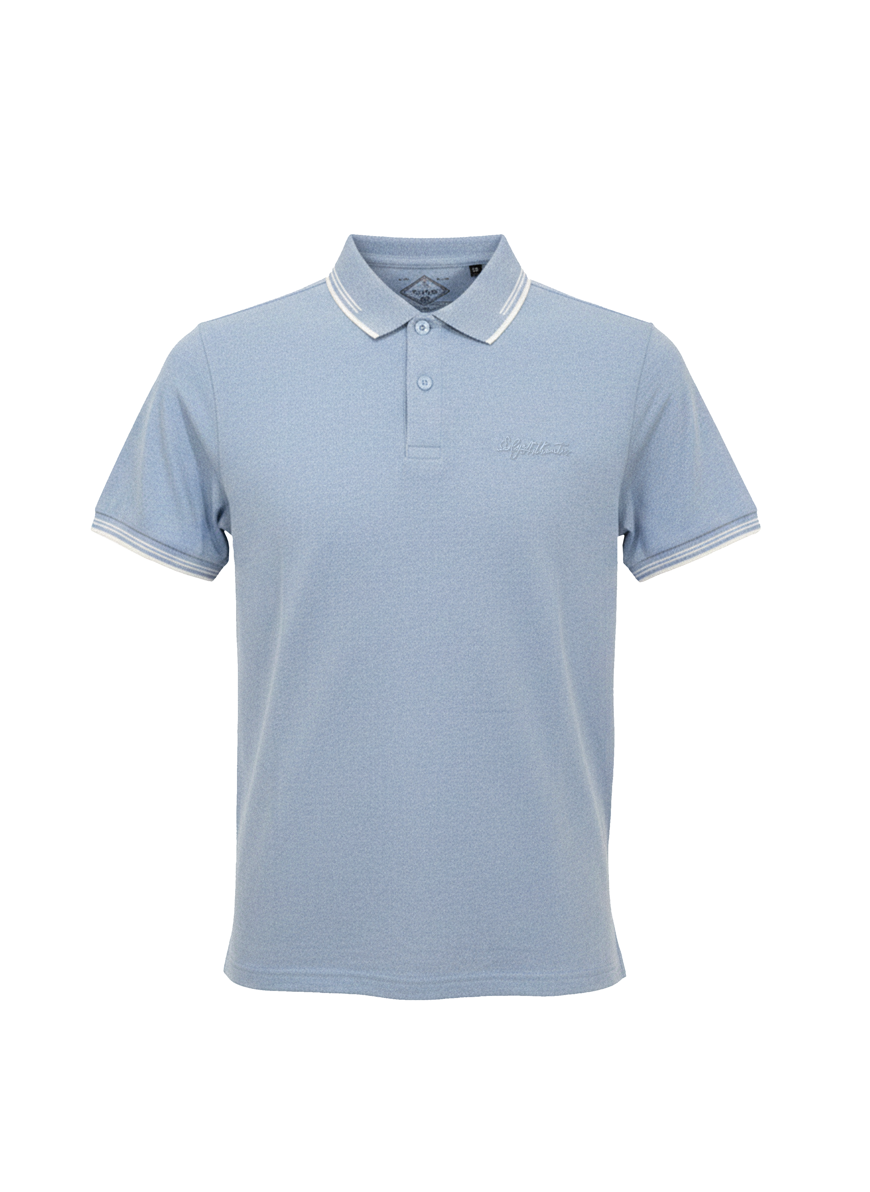 Light blue polo shirt with white collar on a white background