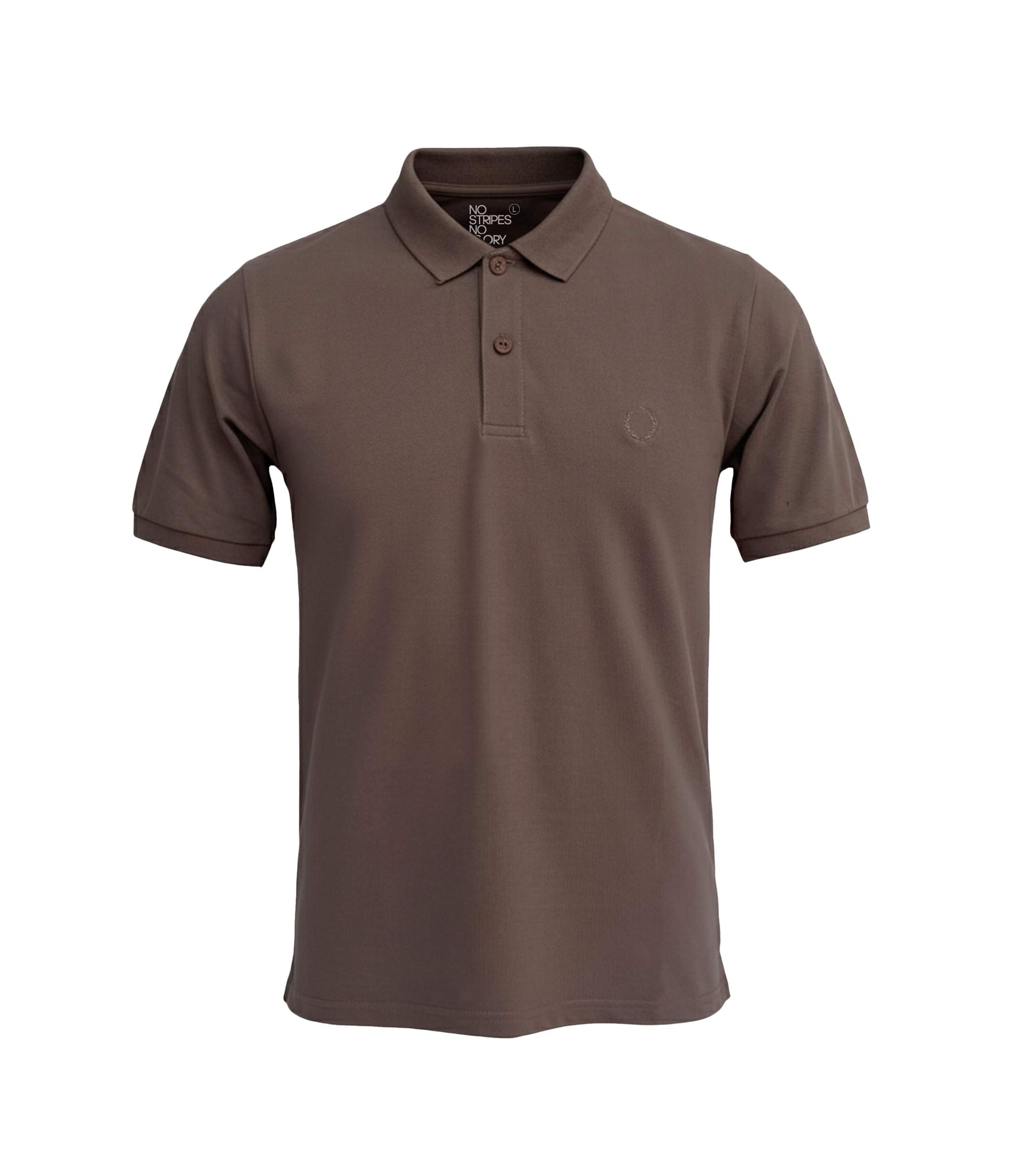 Brown polo shirt with a small logo on a white background