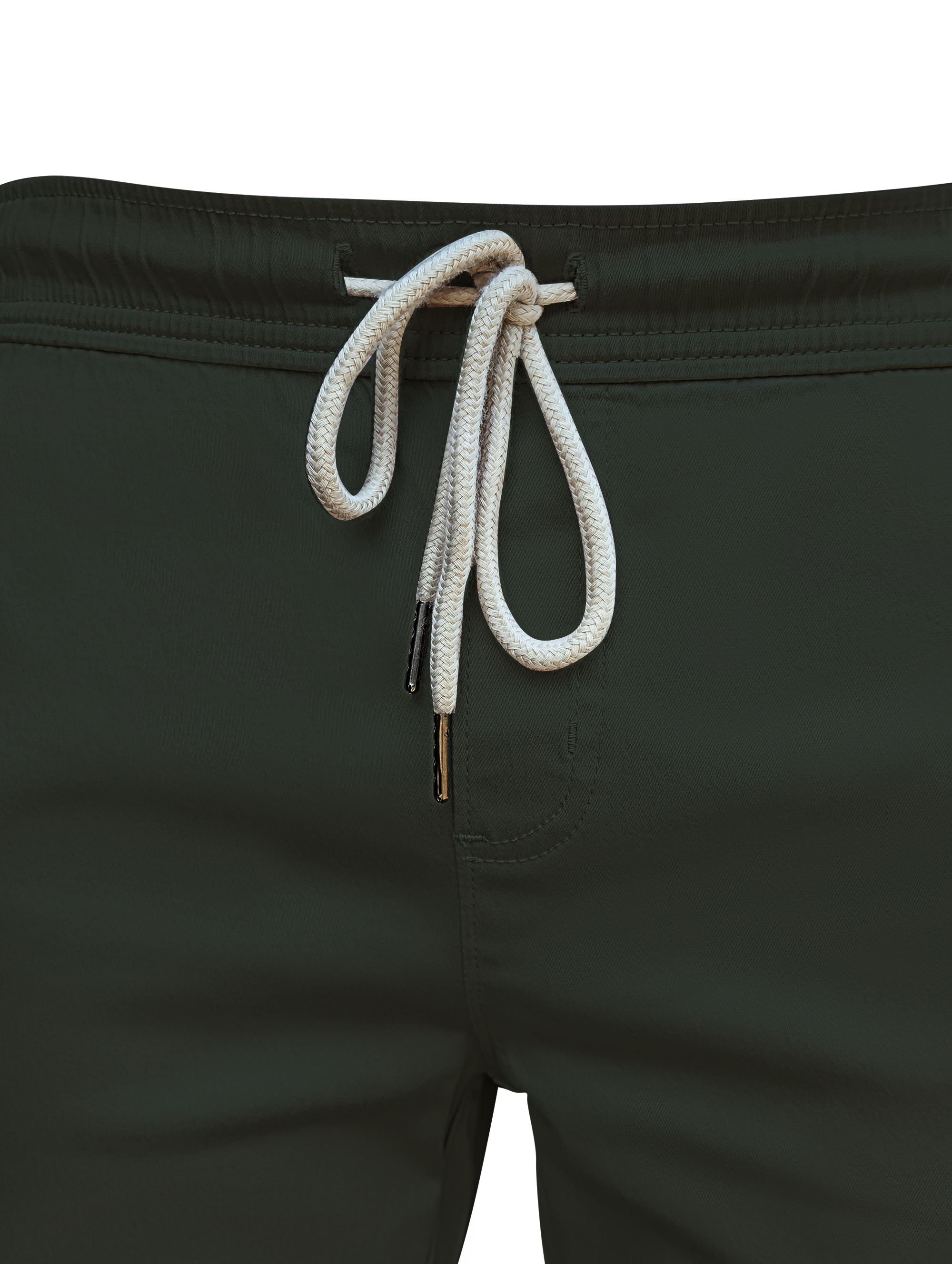 Close-up of green jogger with white drawstring on a white background