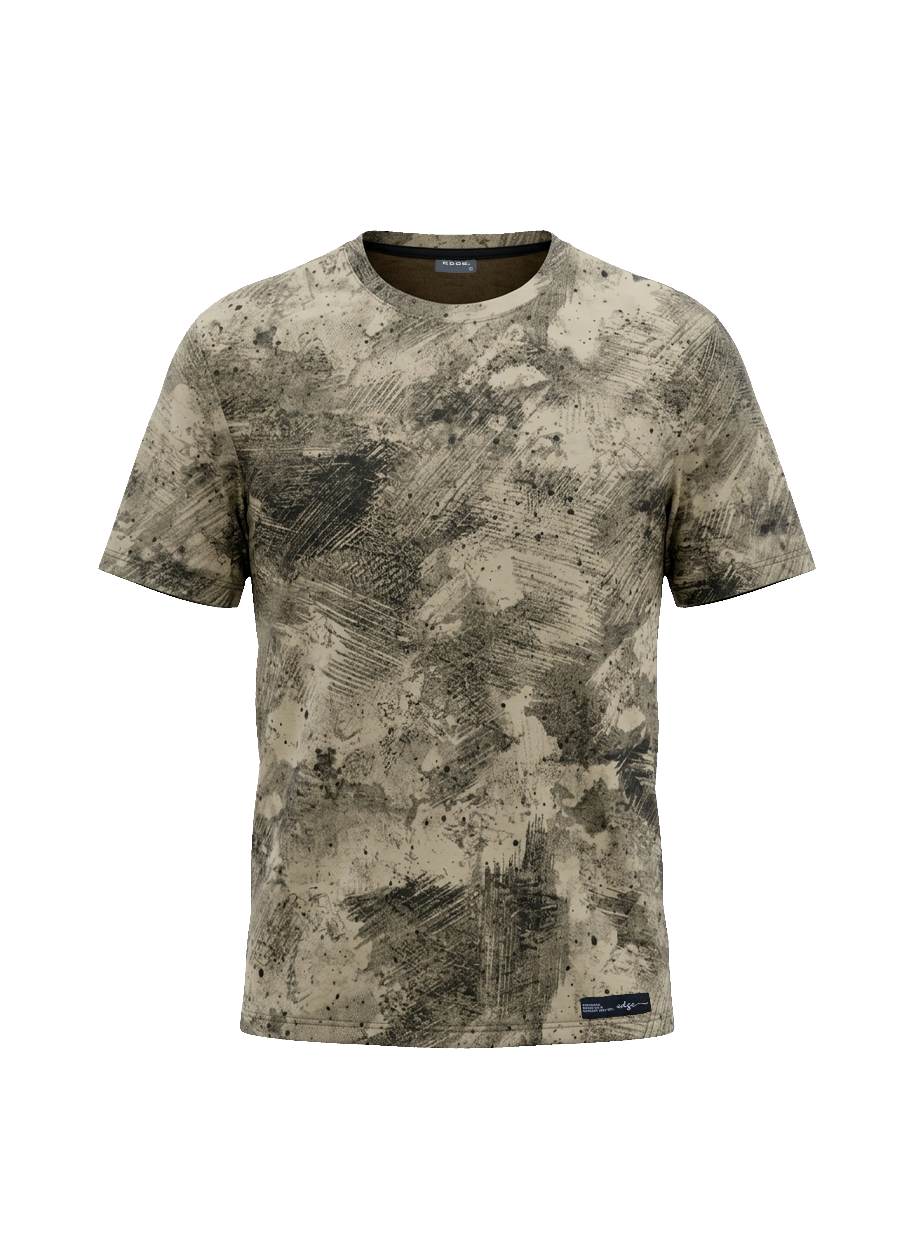 Camouflage-patterned t-shirt on a white background