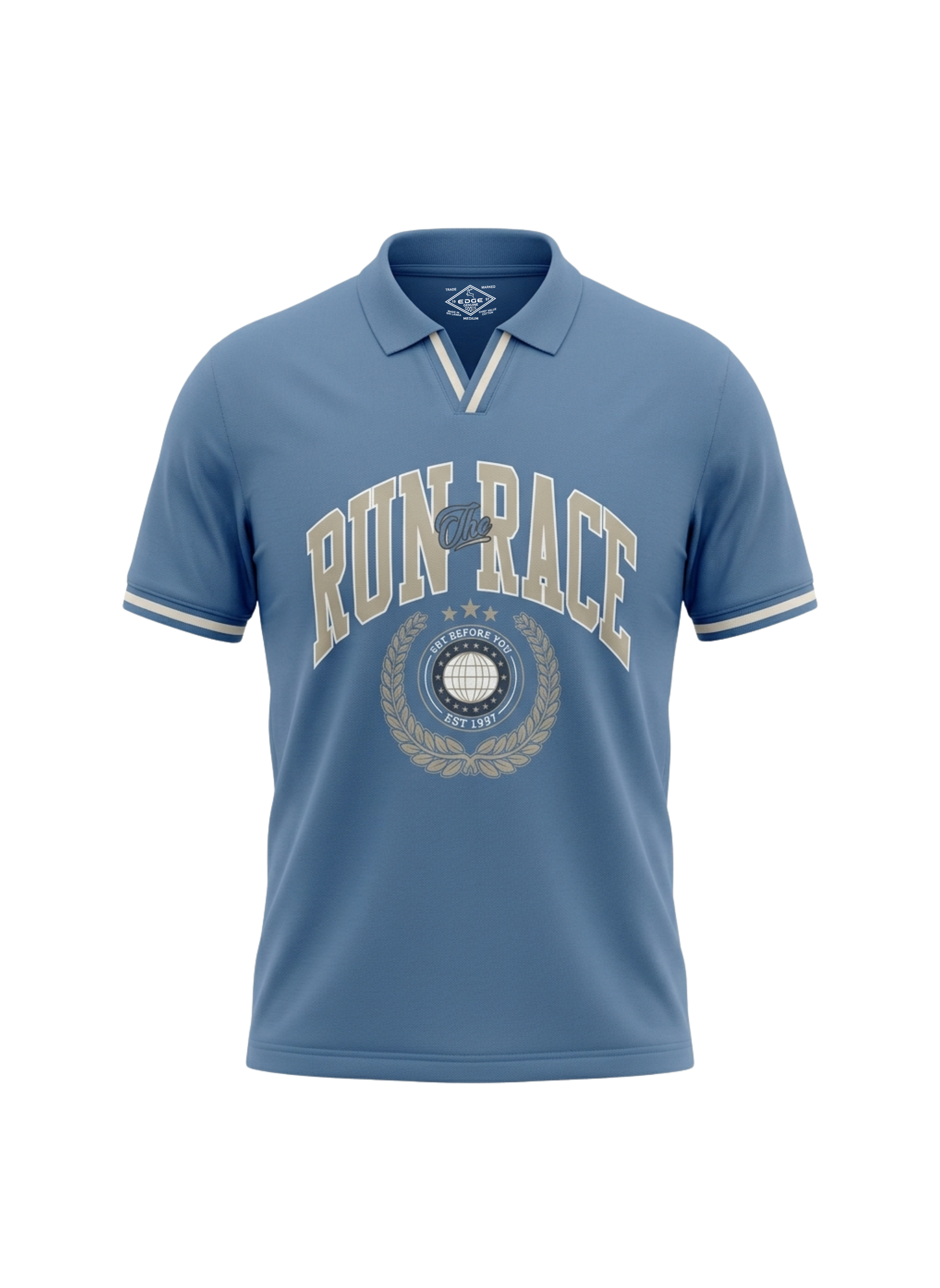 Blue polo shirt with 'Run Race' text and logo on a white background