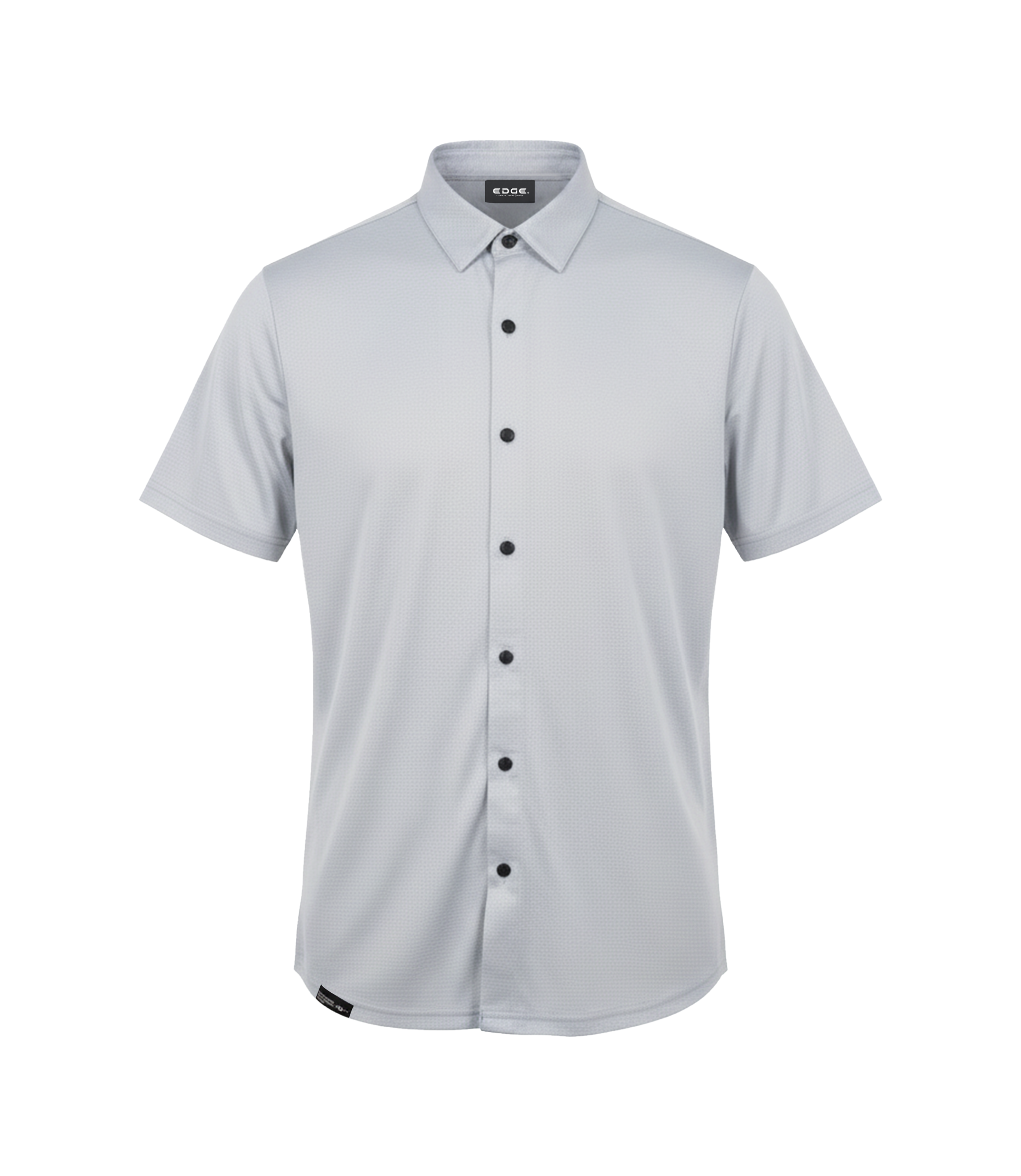 Edge Casuals | Gray short-sleeve Travel Ease polo shirt with black buttons on a white background