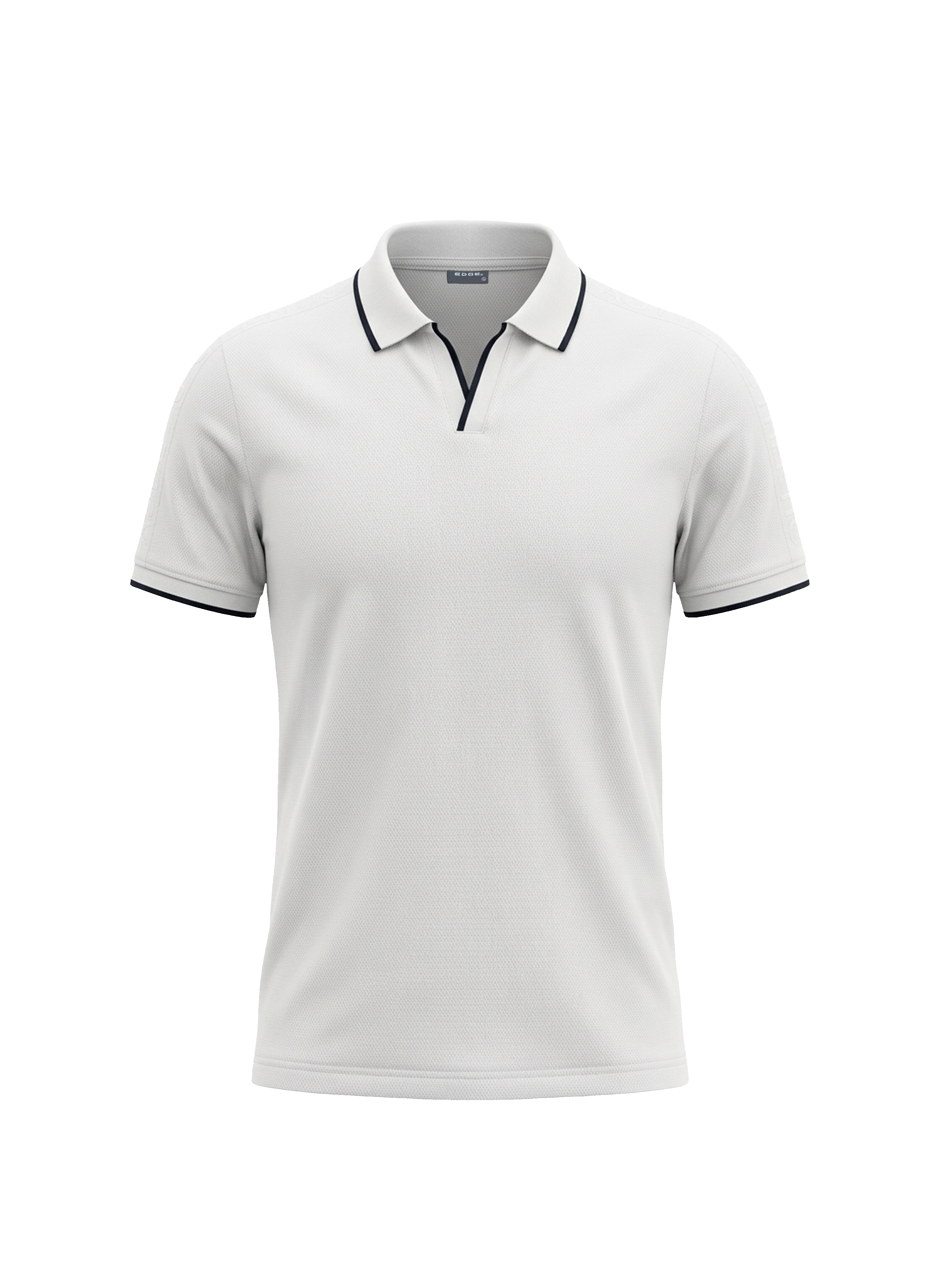 White polo shirt with black accents on a white background