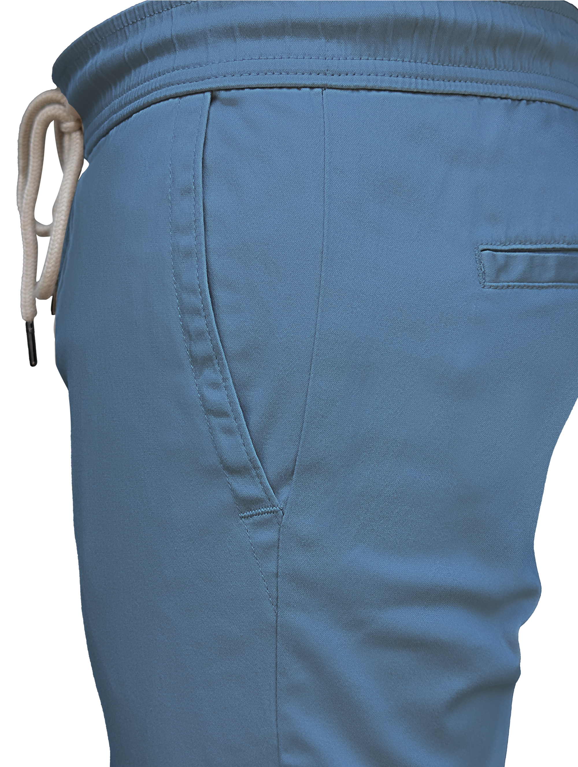 Close-up of blue shorts with a drawstring on a white background