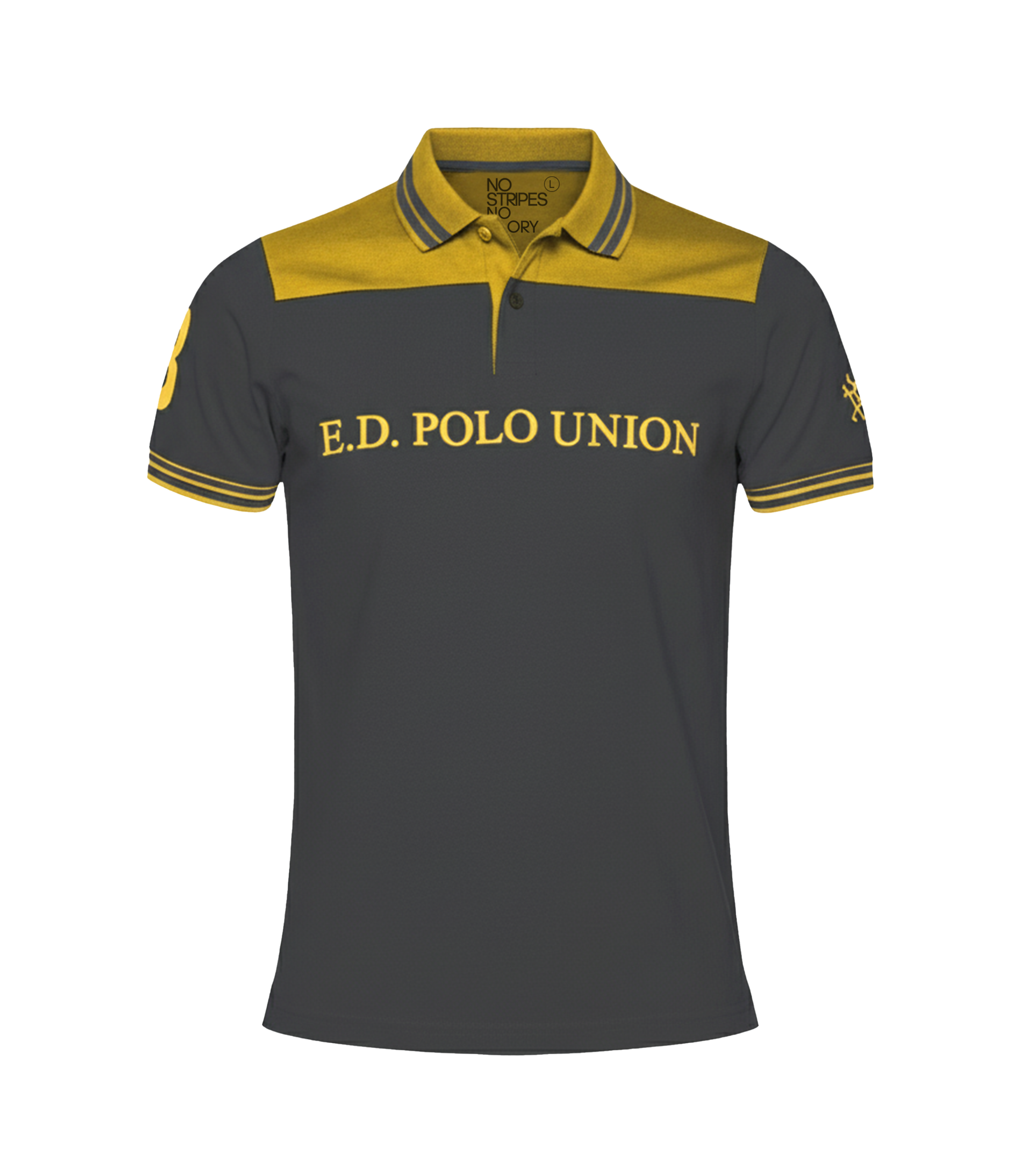 Gray and yellow polo shirt with 'E.D. Polo Union' branding on a white background