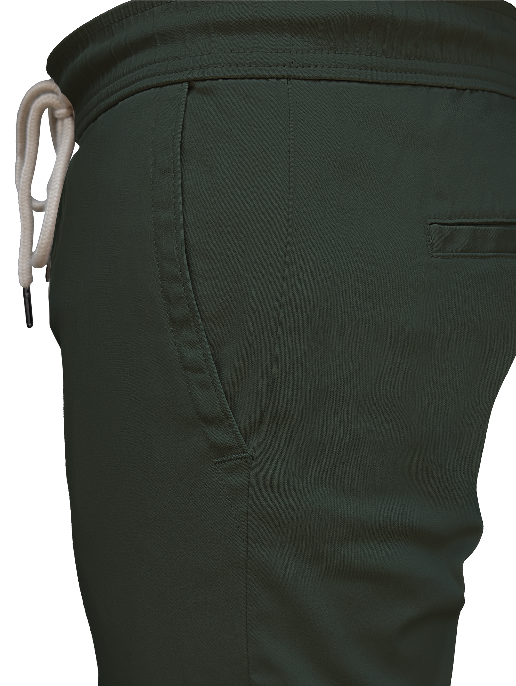 Dark green pants with a white drawstring on a white background