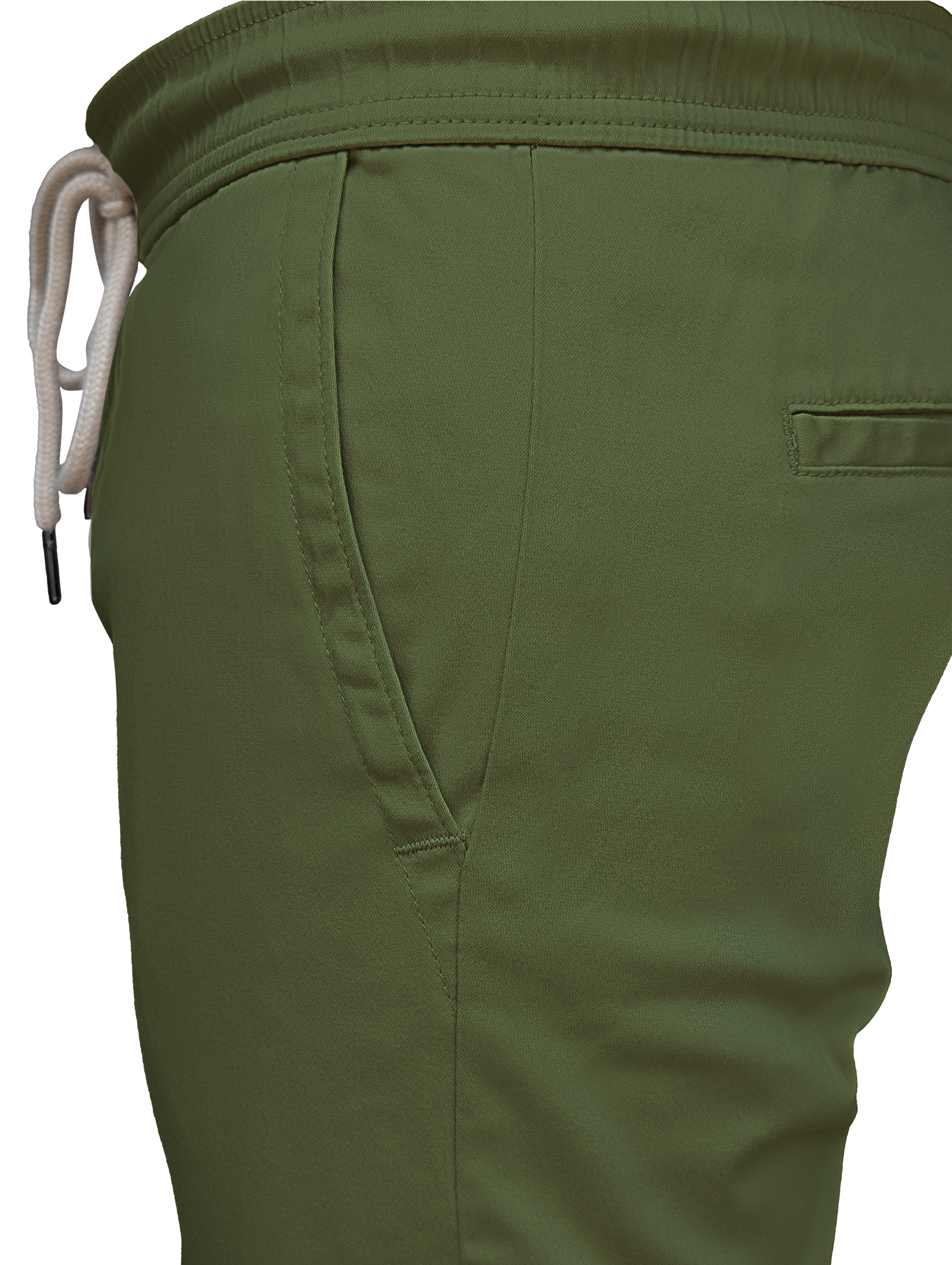 Green pants with a white drawstring on a white background