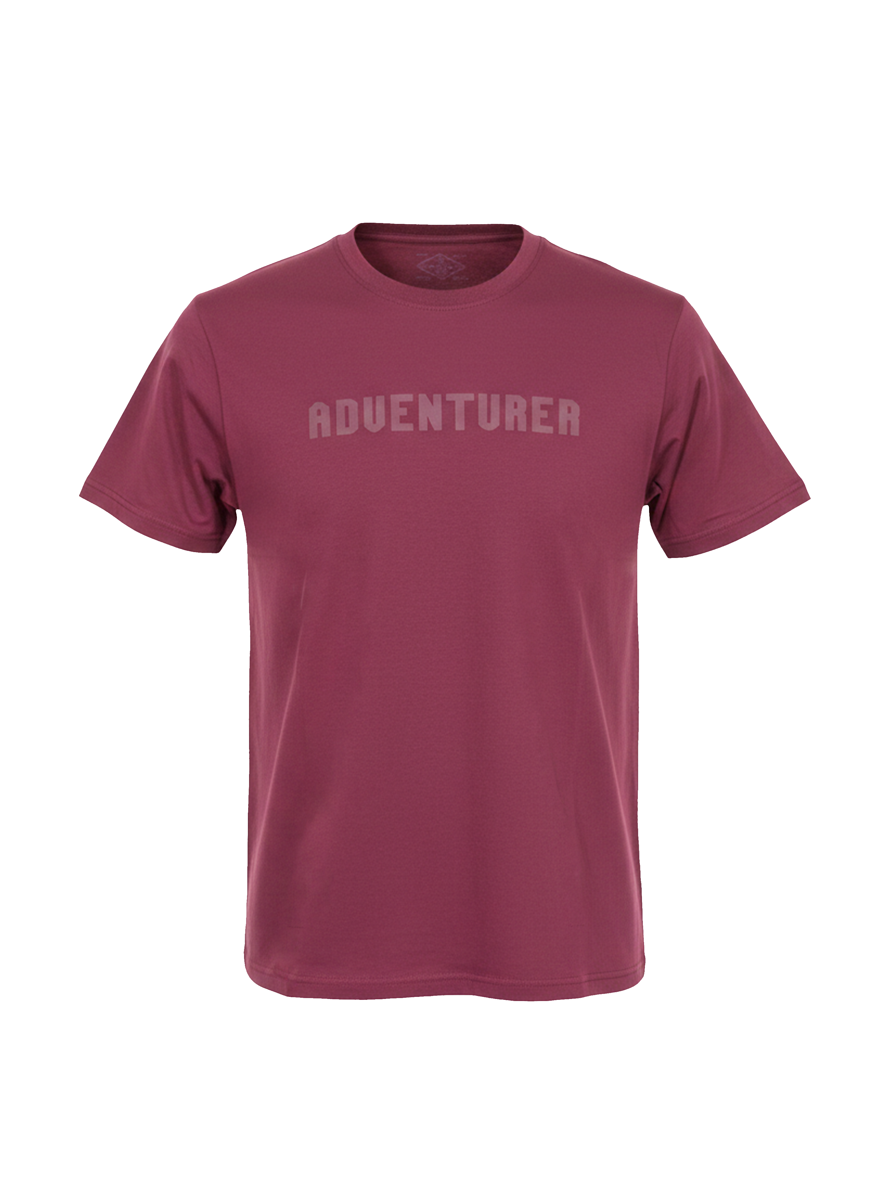 Maroon t-shirt with 'ADVENTURER' text on a white background