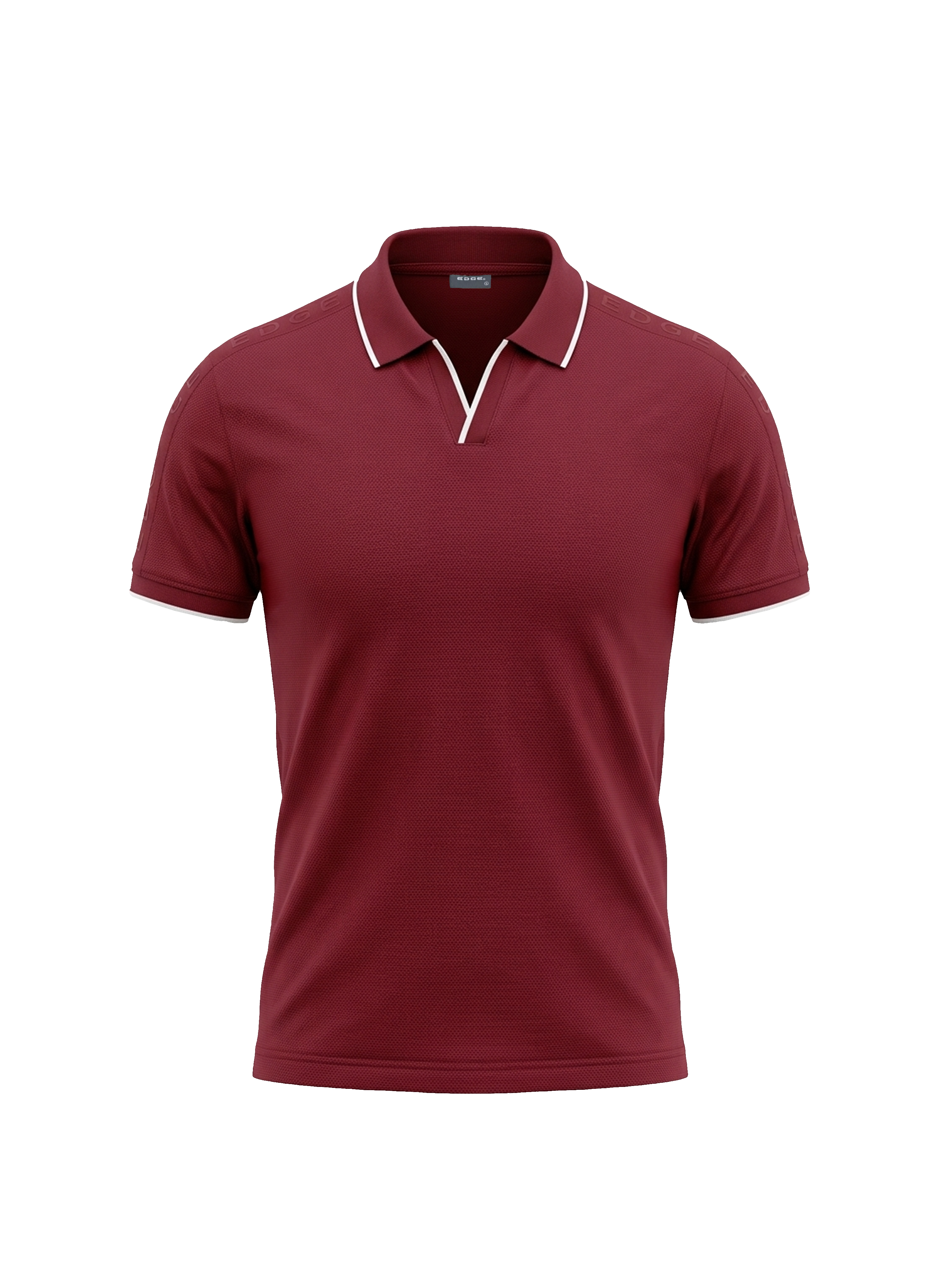 Maroon polo shirt with white trim on a white background