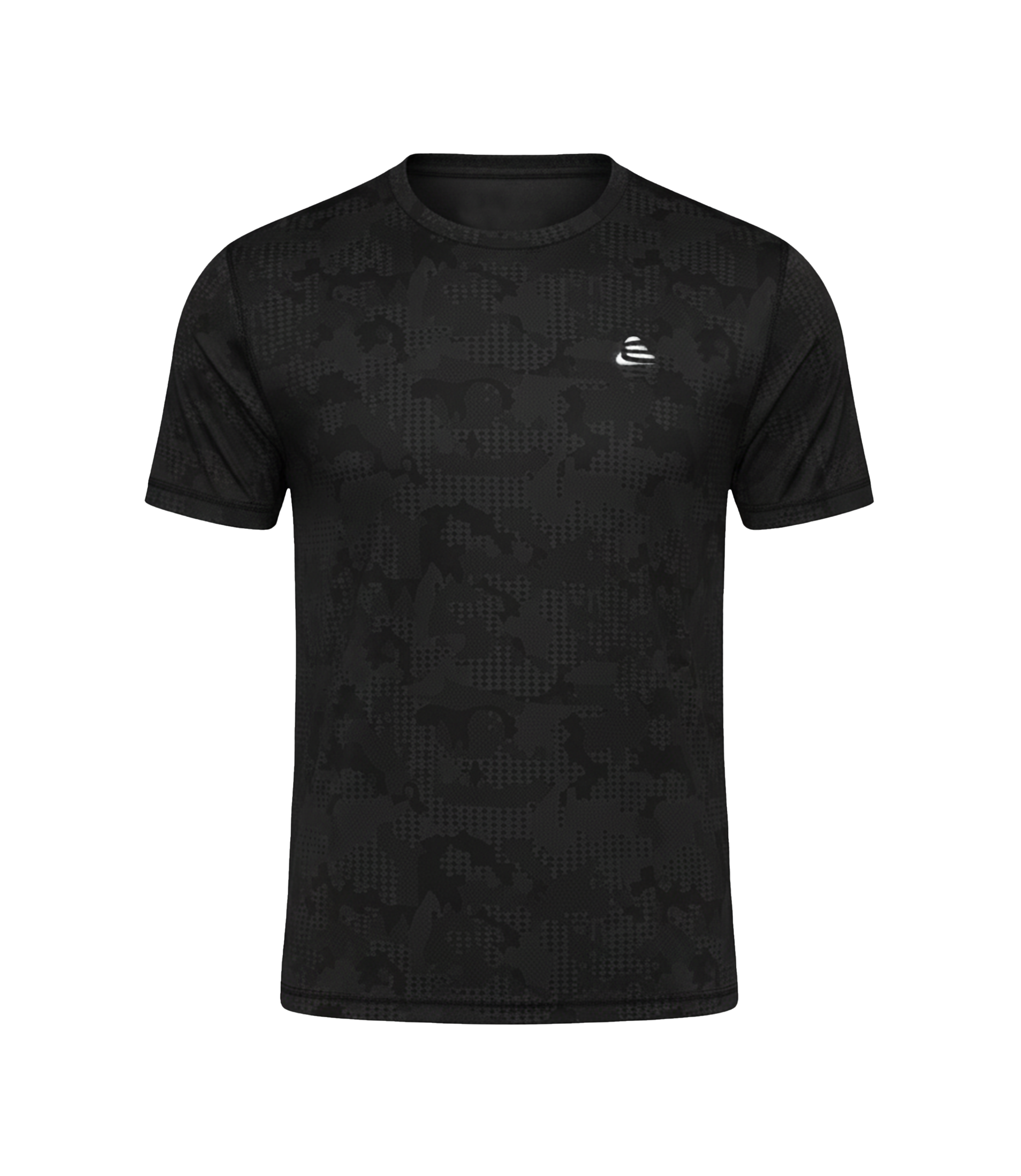 Black patterned t-shirt with a small logo on a white background