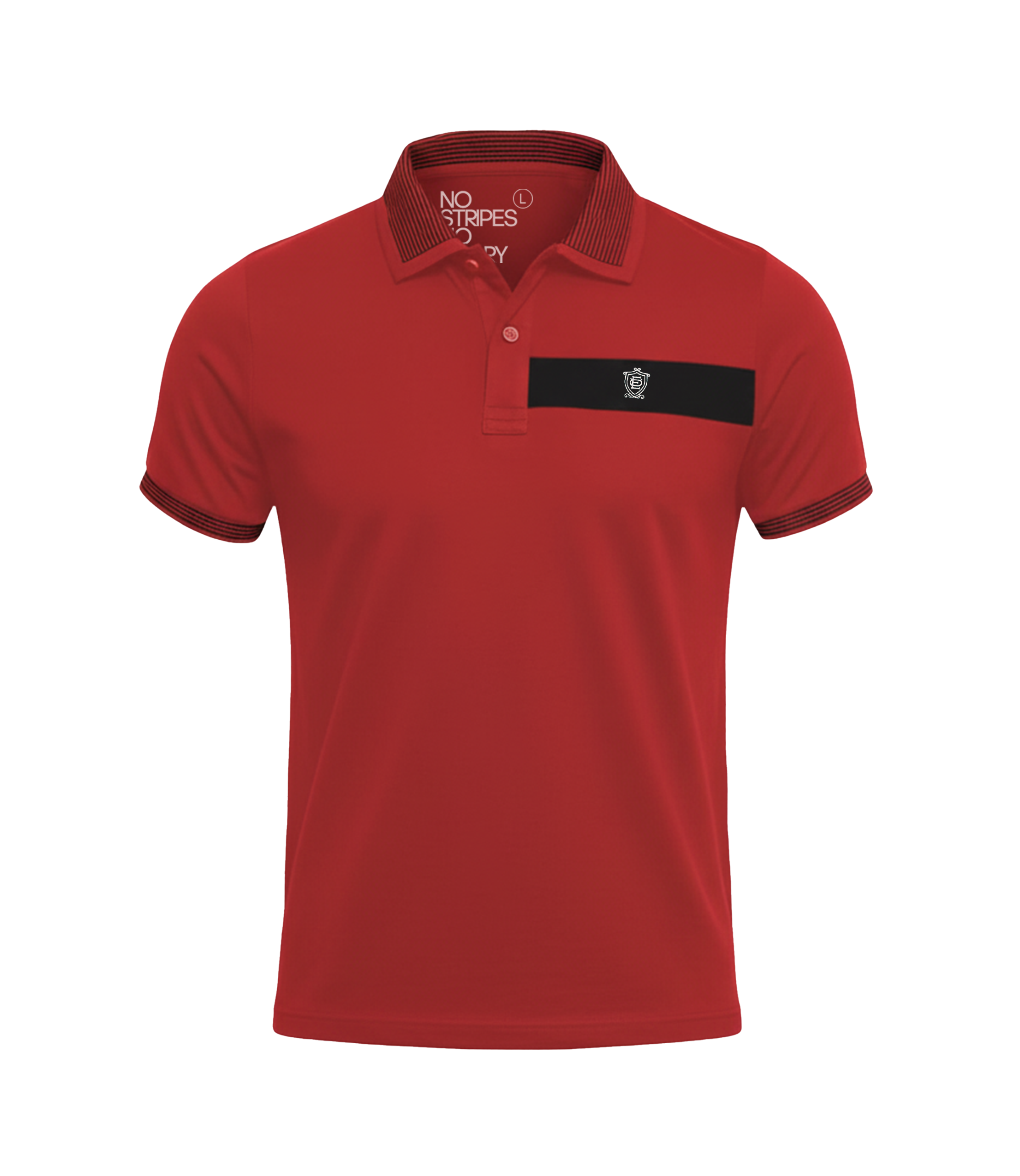 Red polo shirt with black chest patch on a white background