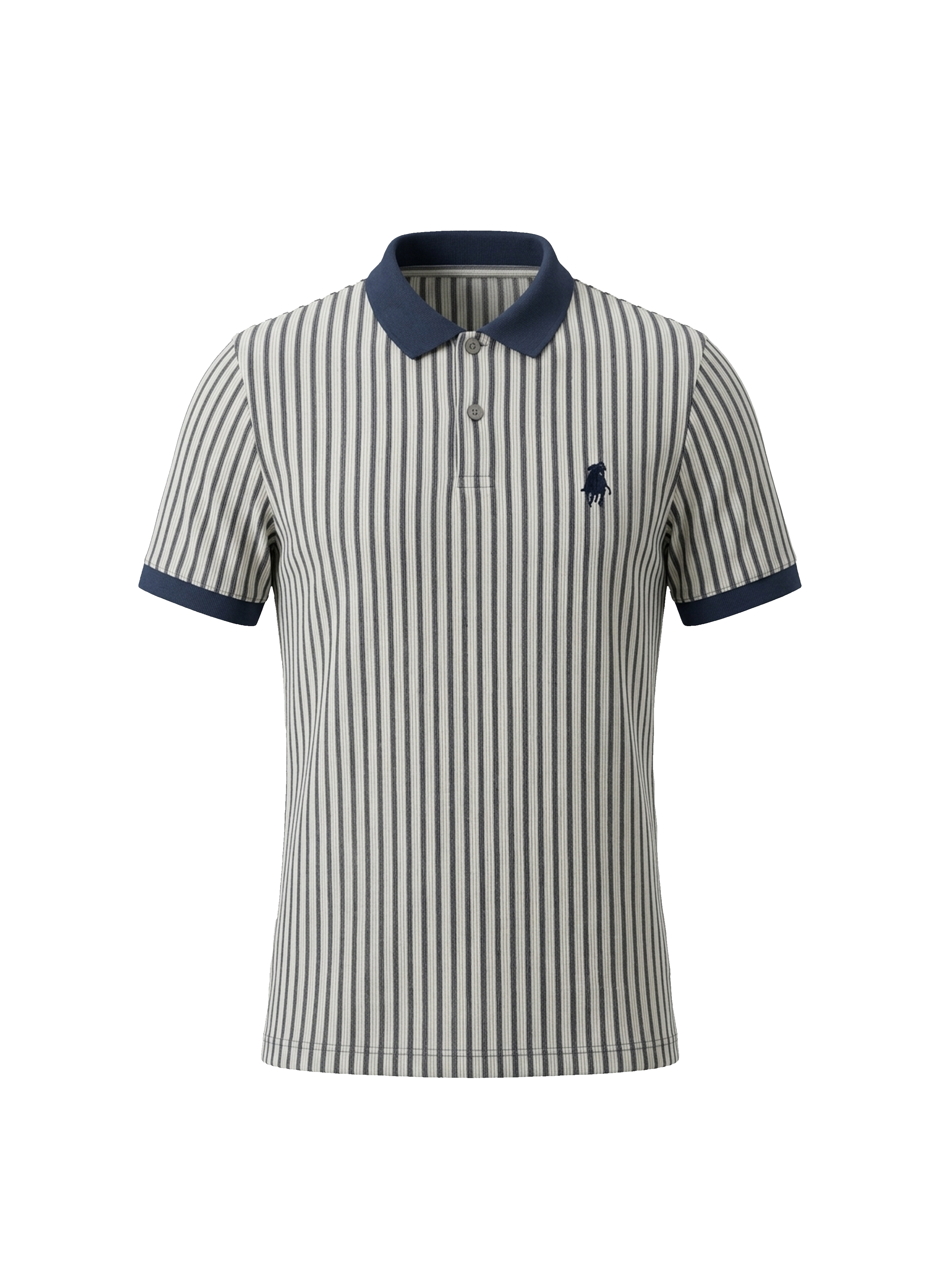 Striped polo shirt with navy collar and trim on a white background