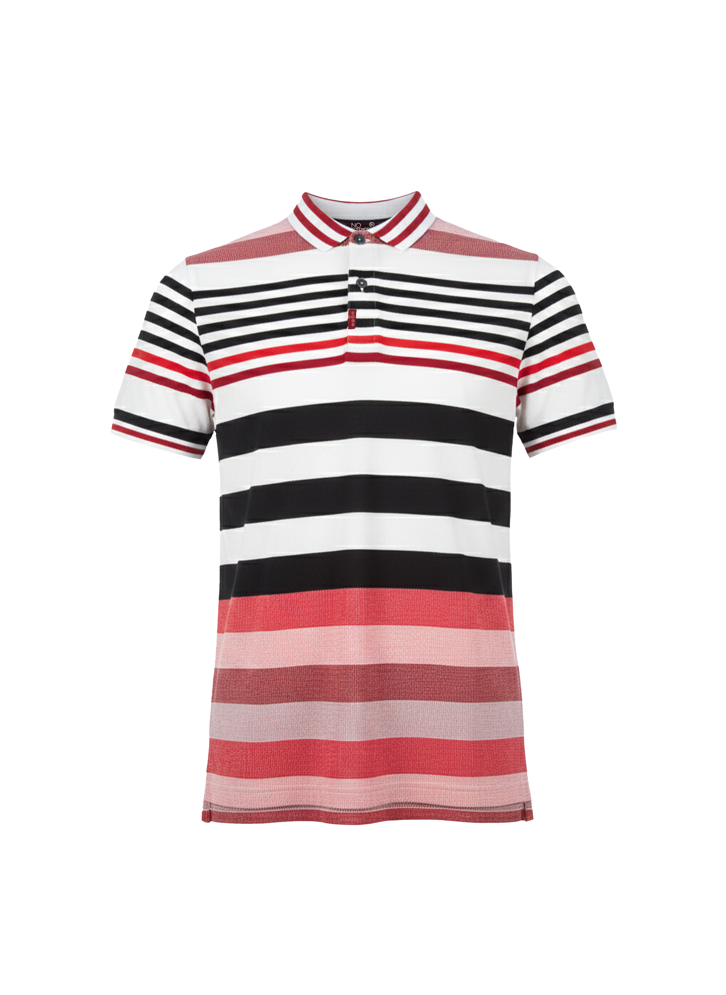 Striped polo shirt with black, white, and red horizontal stripes on a white background