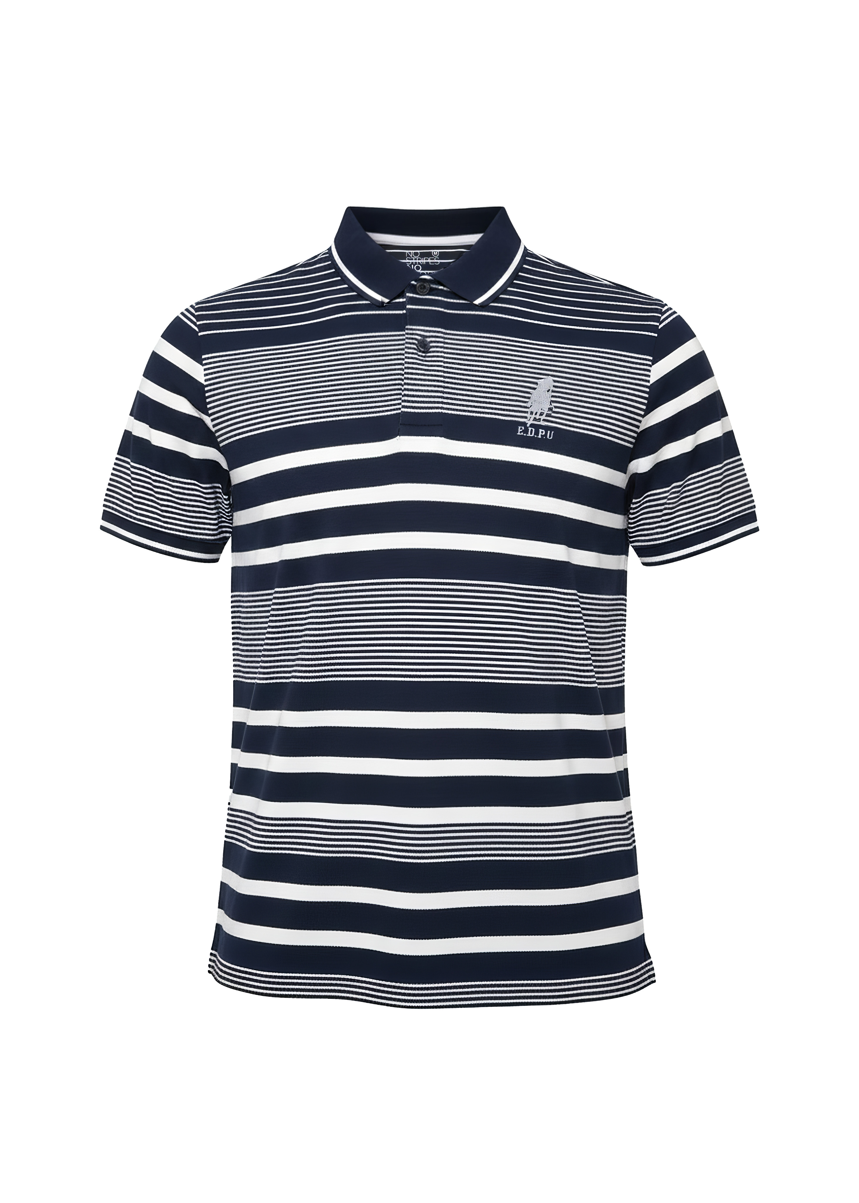 Navy and white striped polo shirt with a logo on a white background