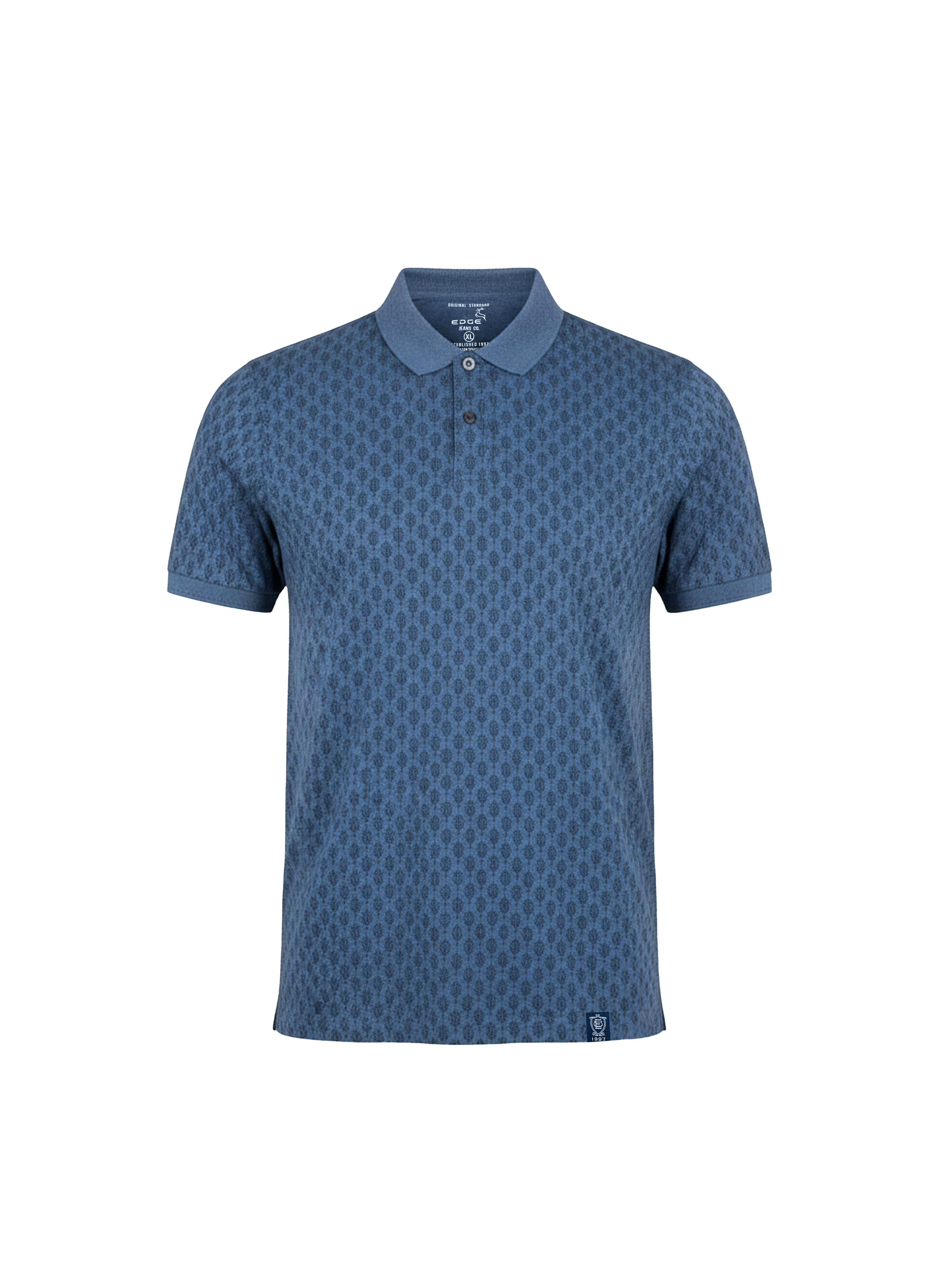 Blue patterned polo shirt on a white background