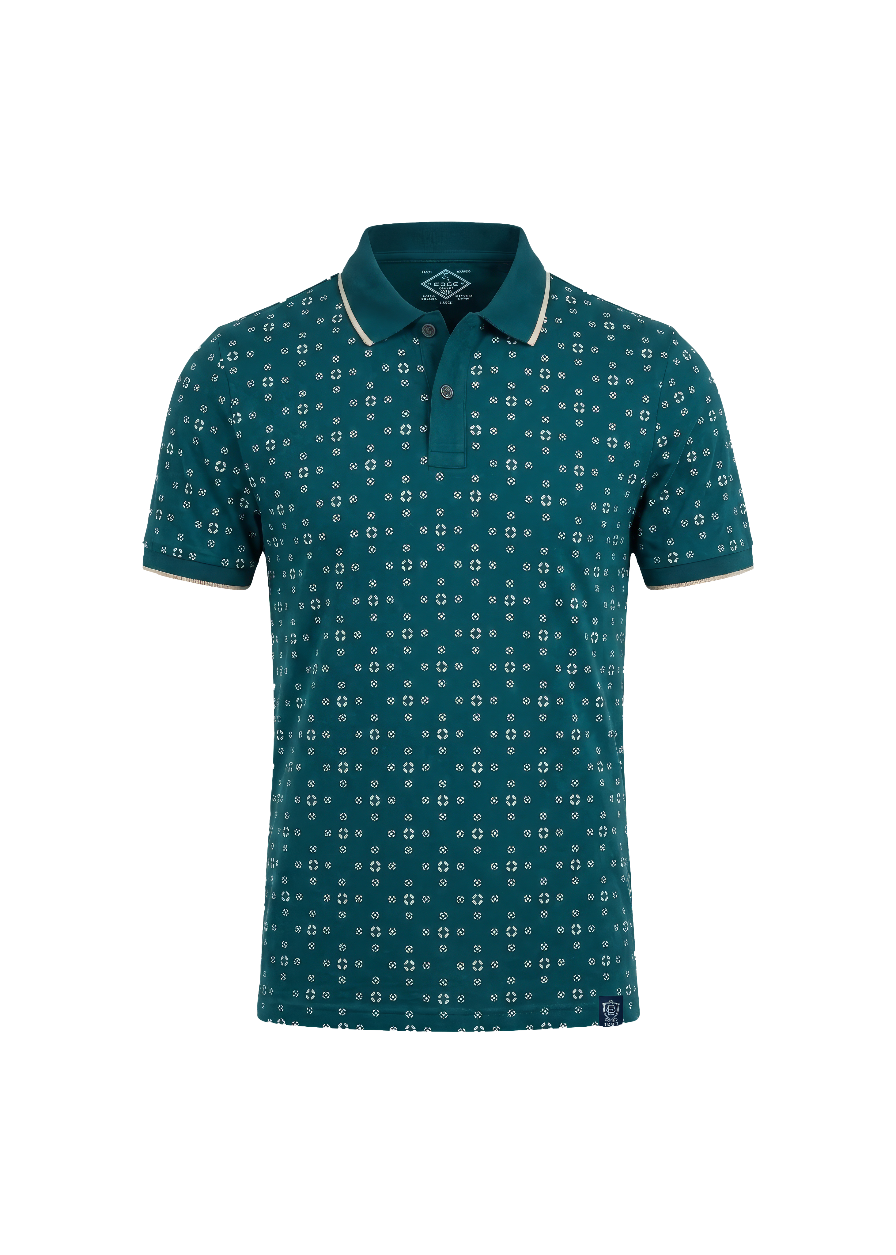 Teal patterned polo shirt on a white background