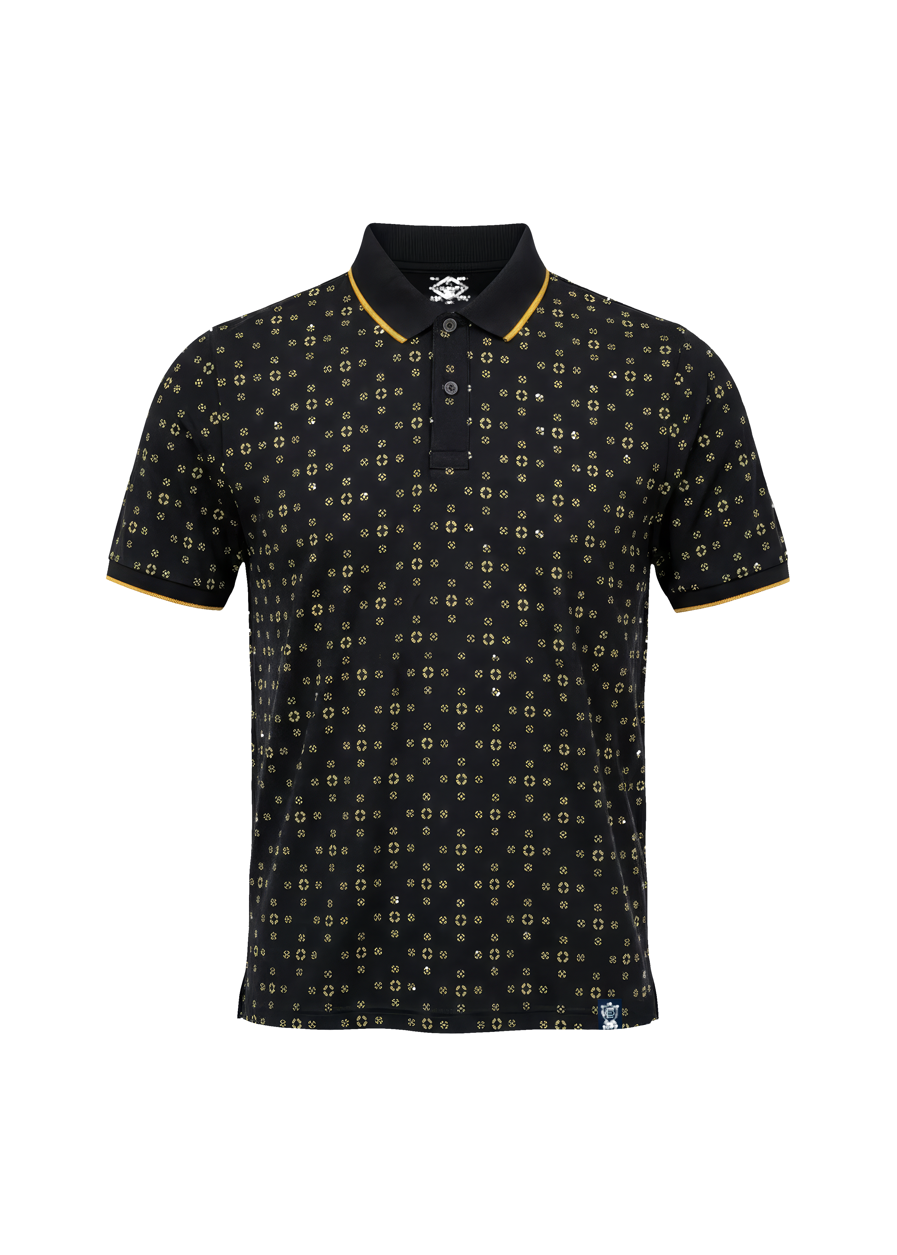 Black polo shirt with yellow pattern on a white background