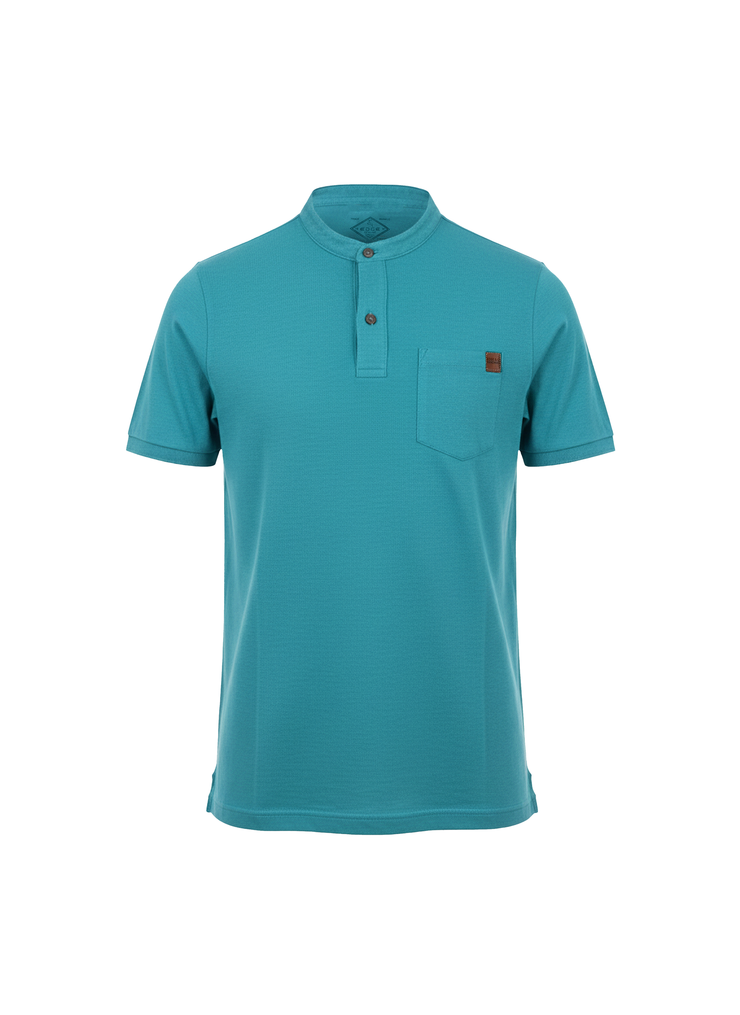 Teal polo shirt with a small brown logo on a white background