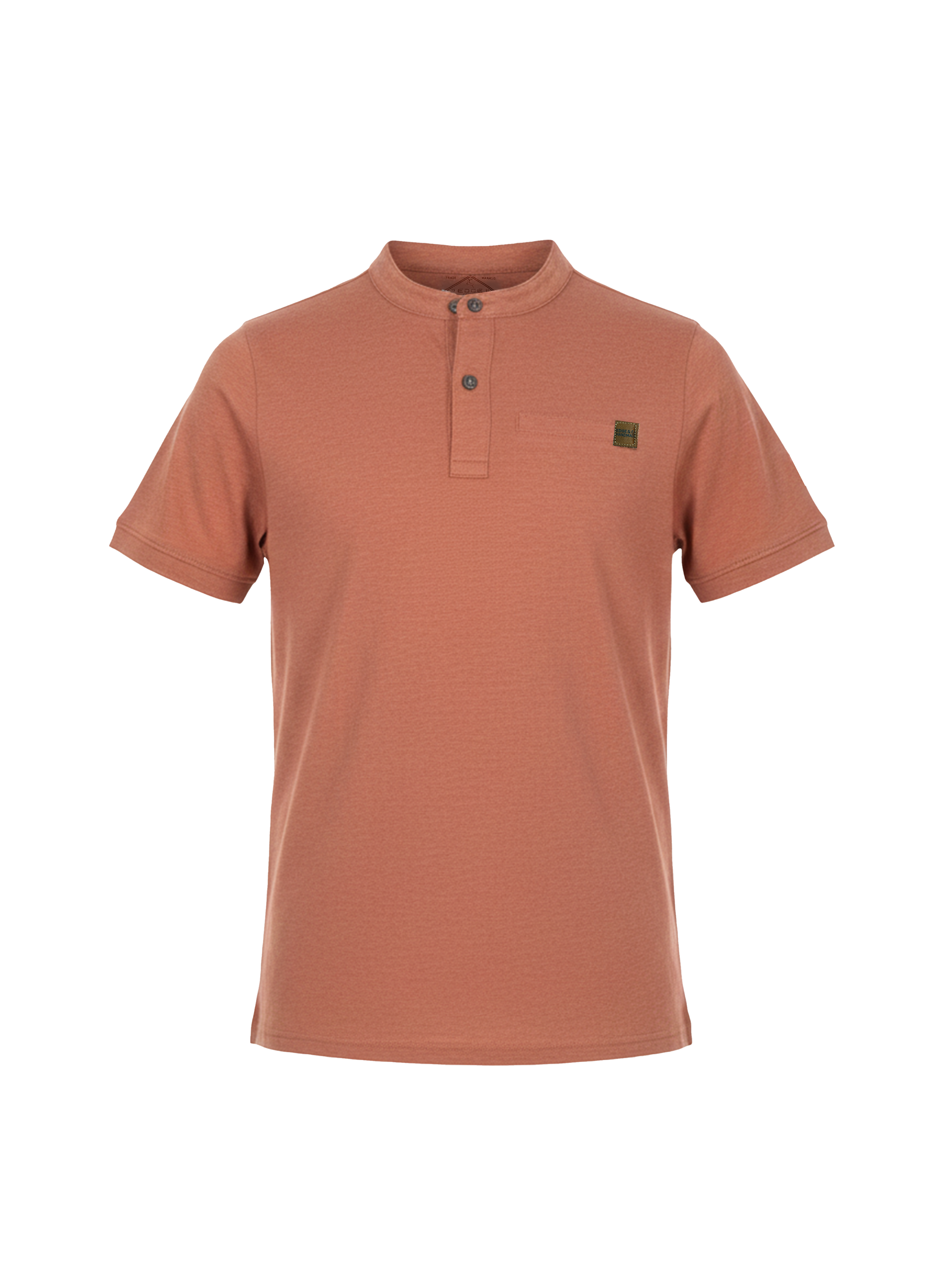 Brown short-sleeve henley shirt on a white background