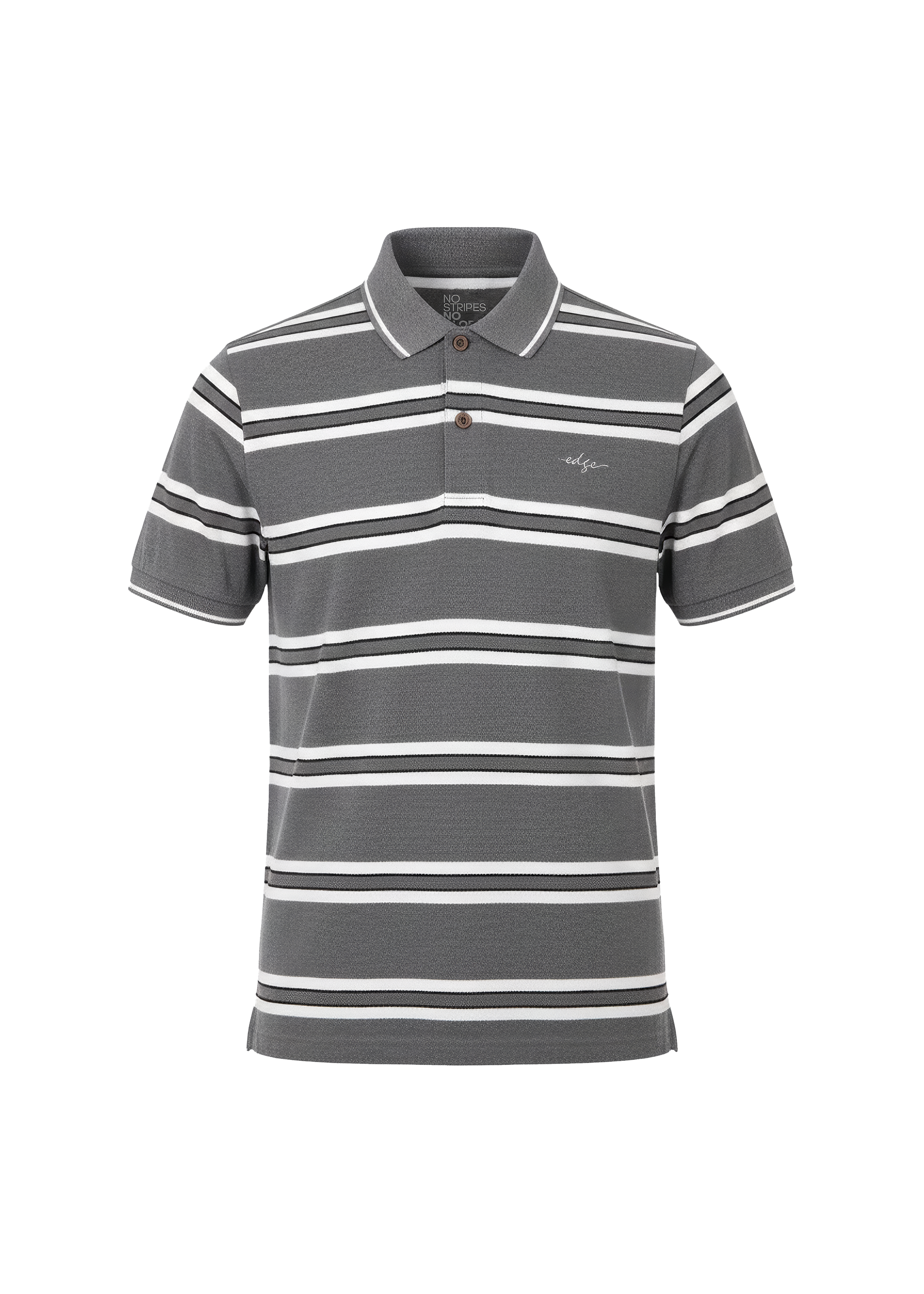 Gray and white striped polo shirt on a white background