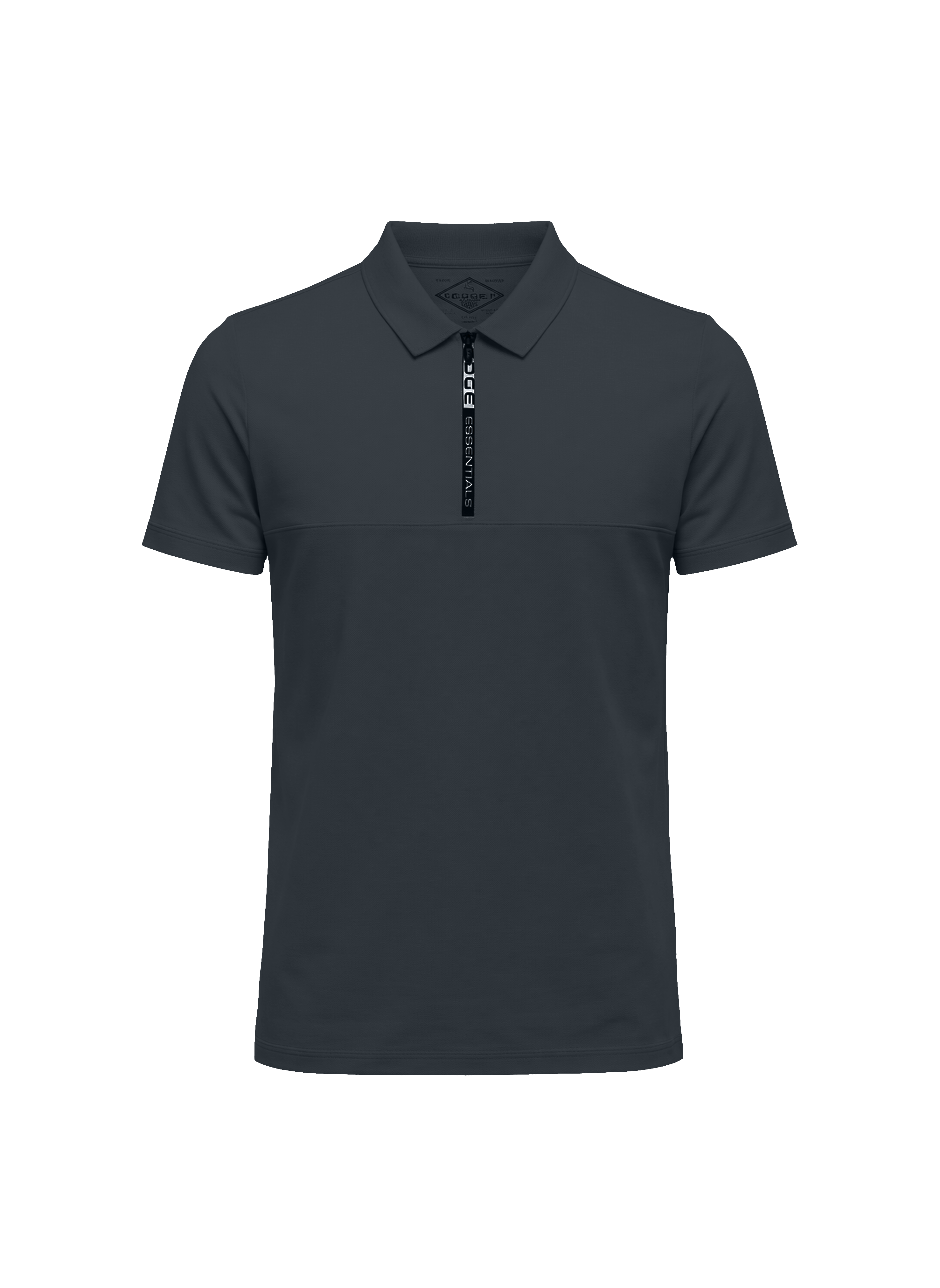 Black polo shirt with a zipper on a white background