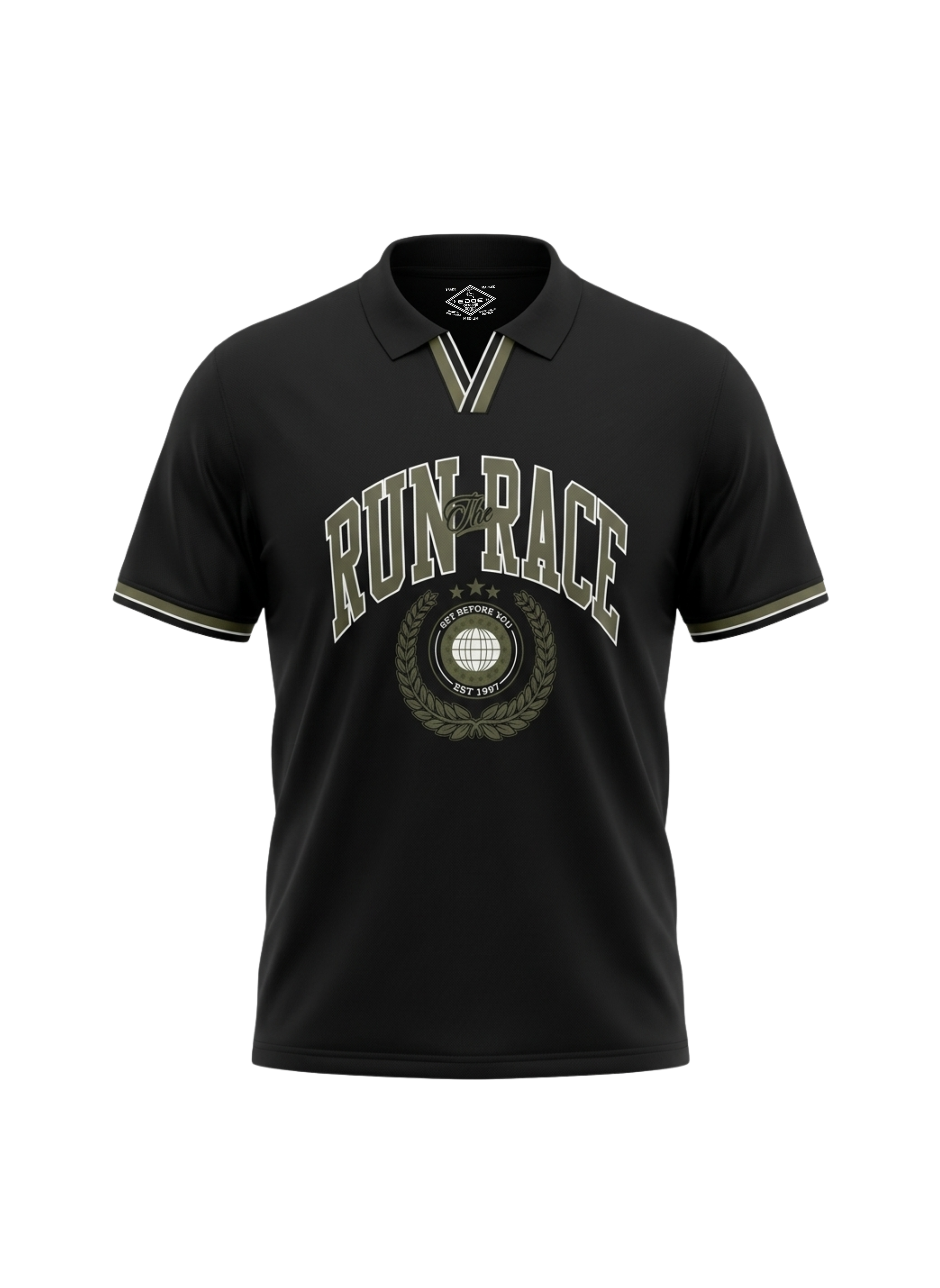 Black polo shirt with 'RUN & RACE' text and graphic on a white background