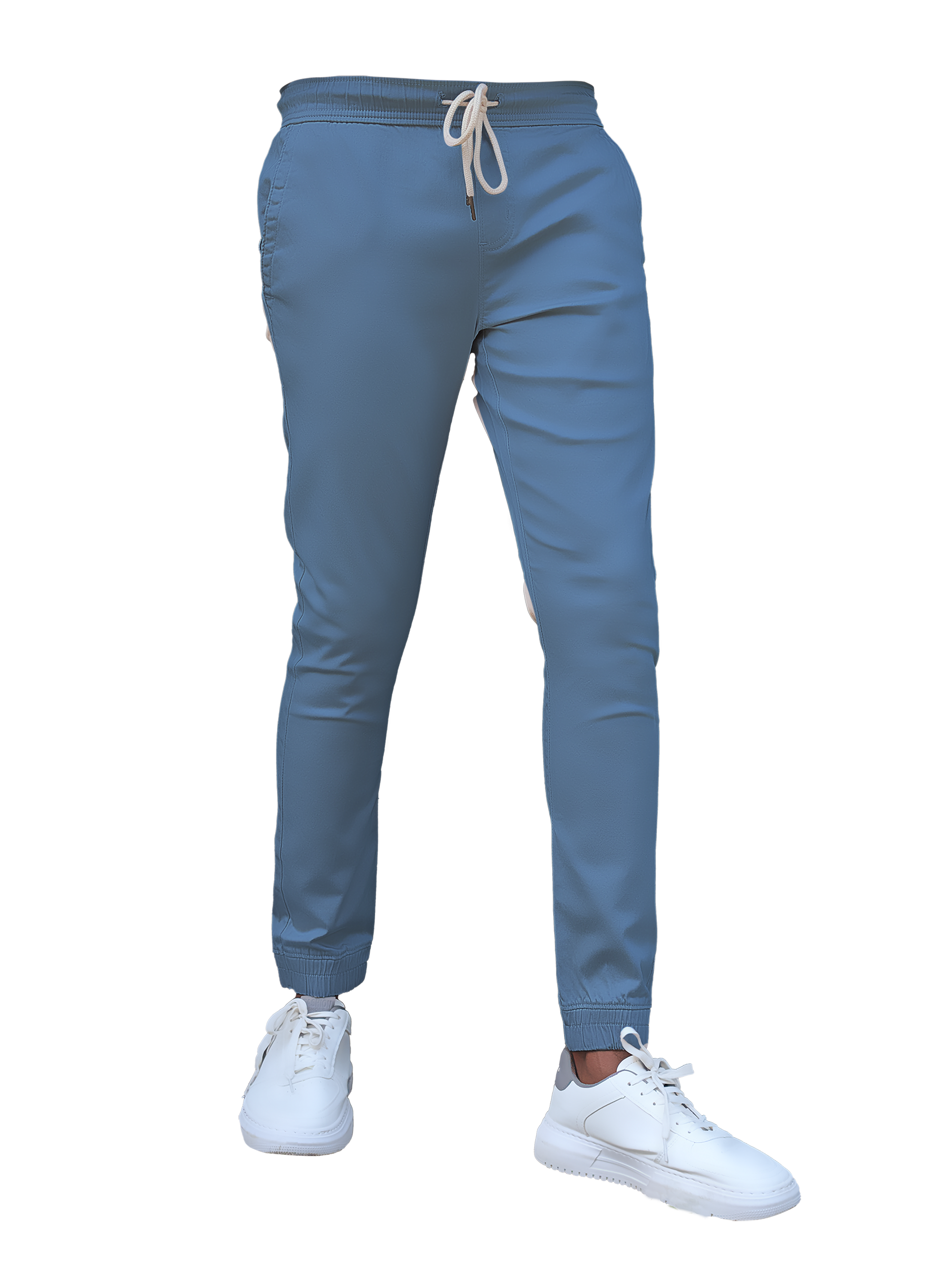 Blue jogger pants with a drawstring on a white background