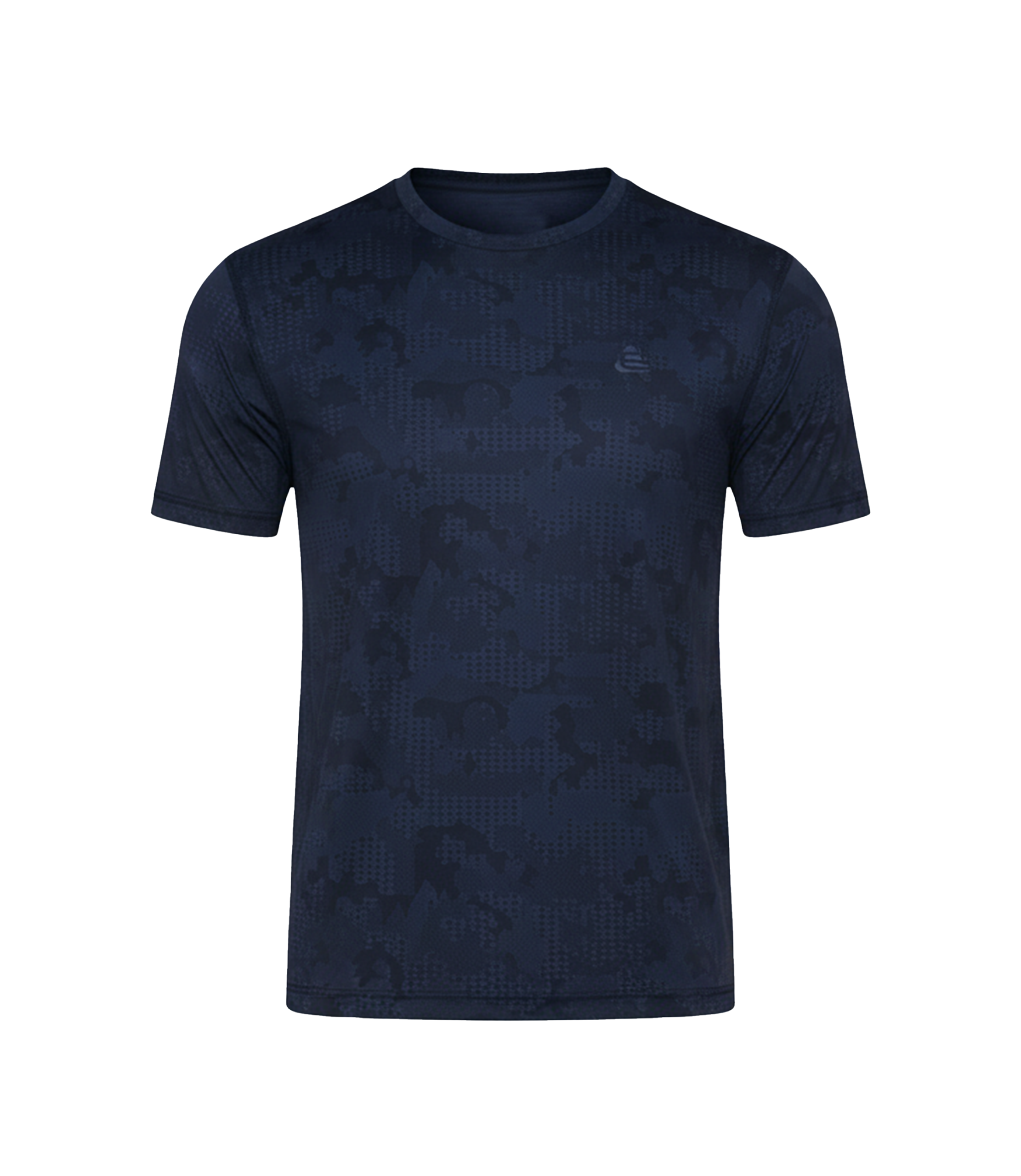 Navy blue t-shirt with a subtle pattern on a white background