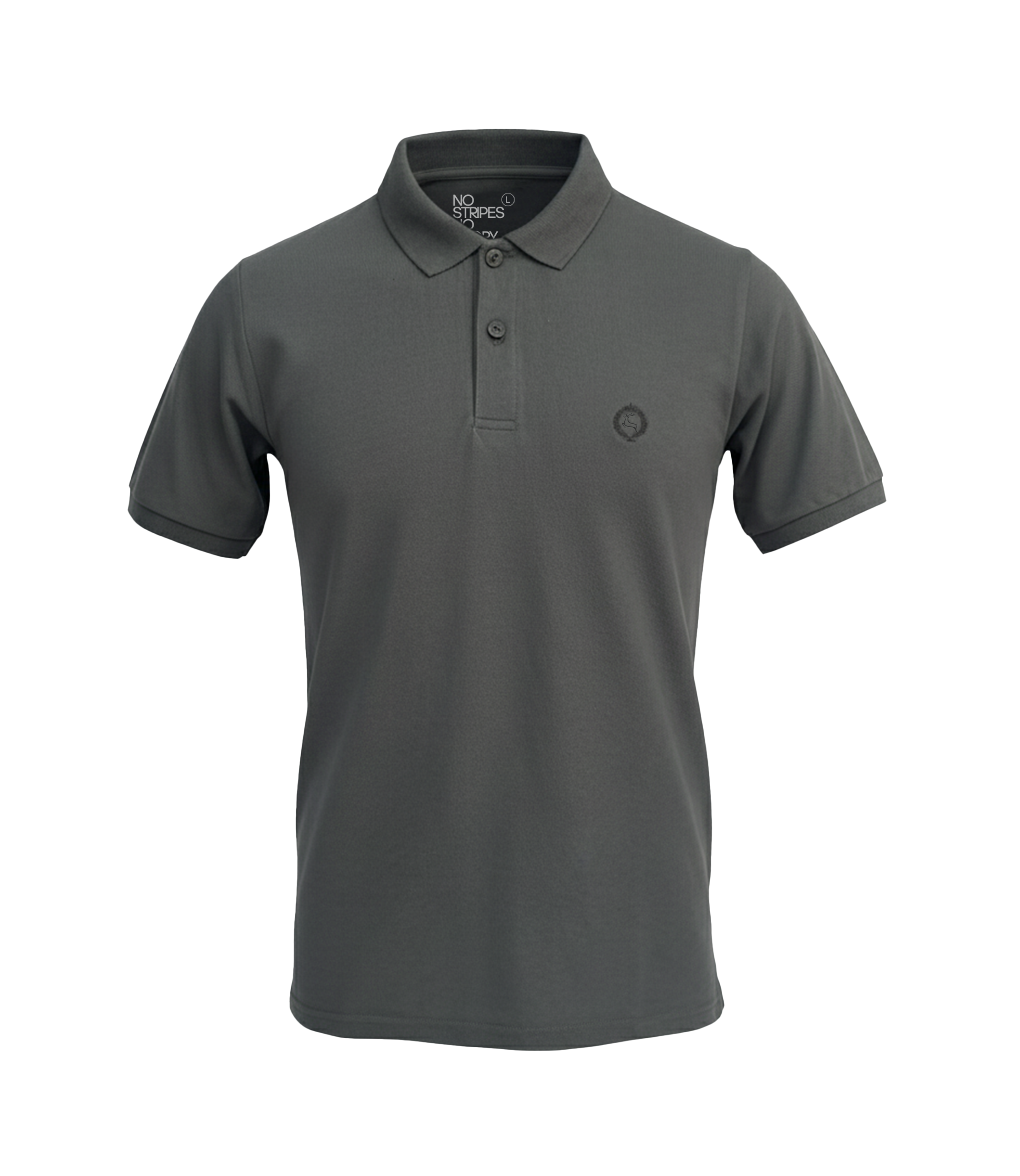 Gray polo shirt with a small logo on a white background