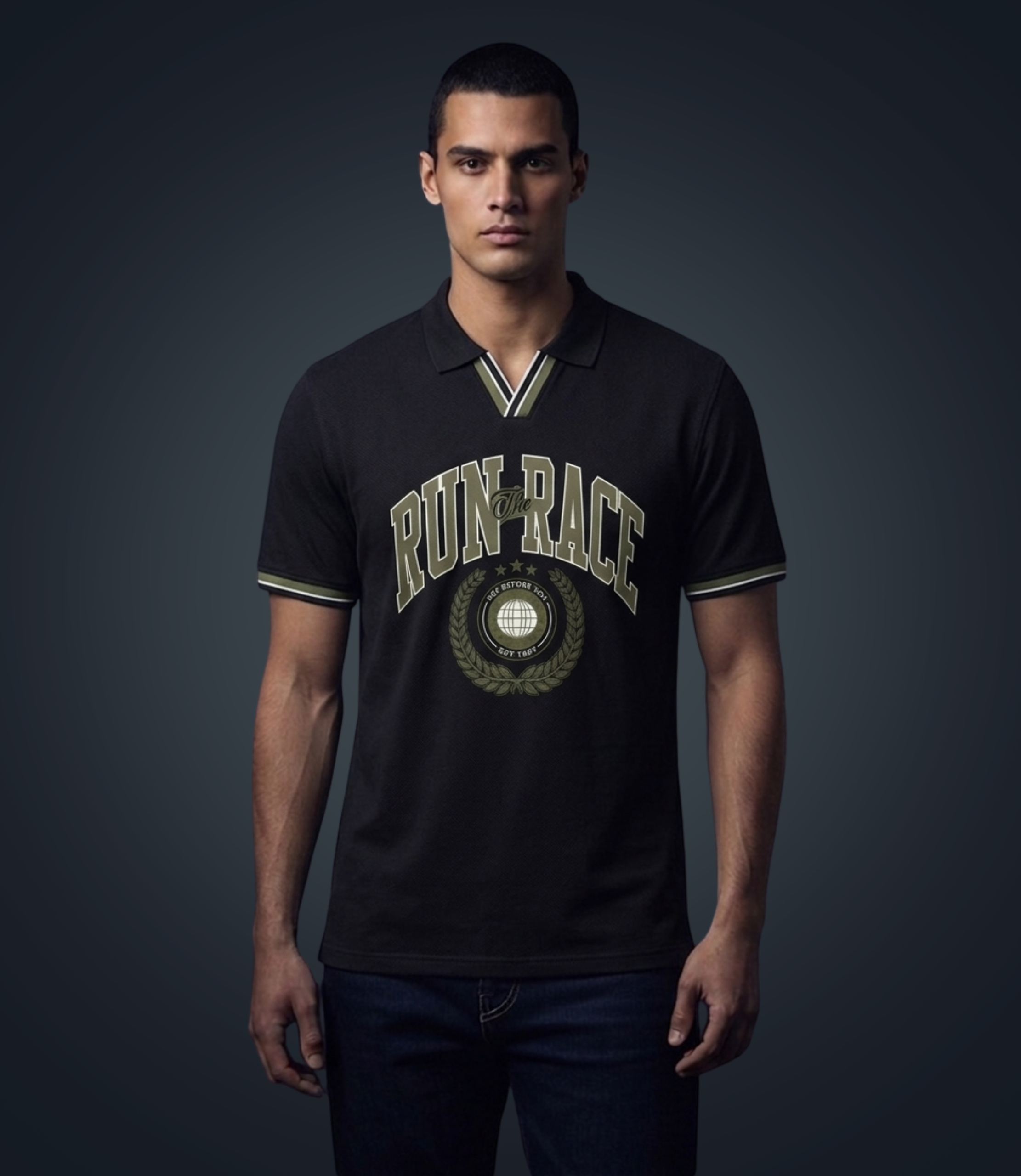 Man wearing a black polo shirt with 'RUN RACE' text on a dark background