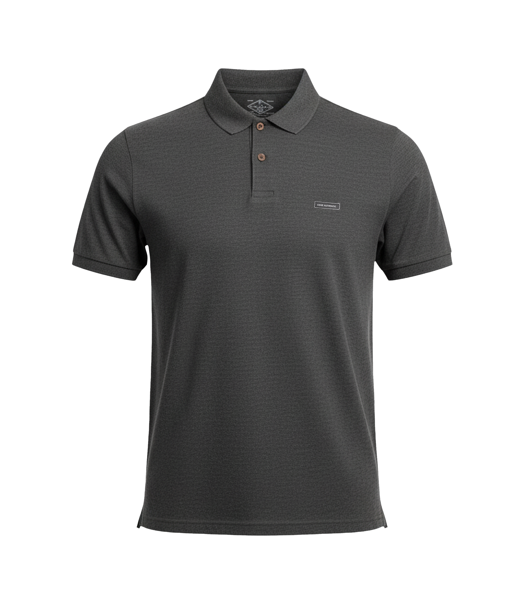 Gray polo shirt with a small logo on a white background