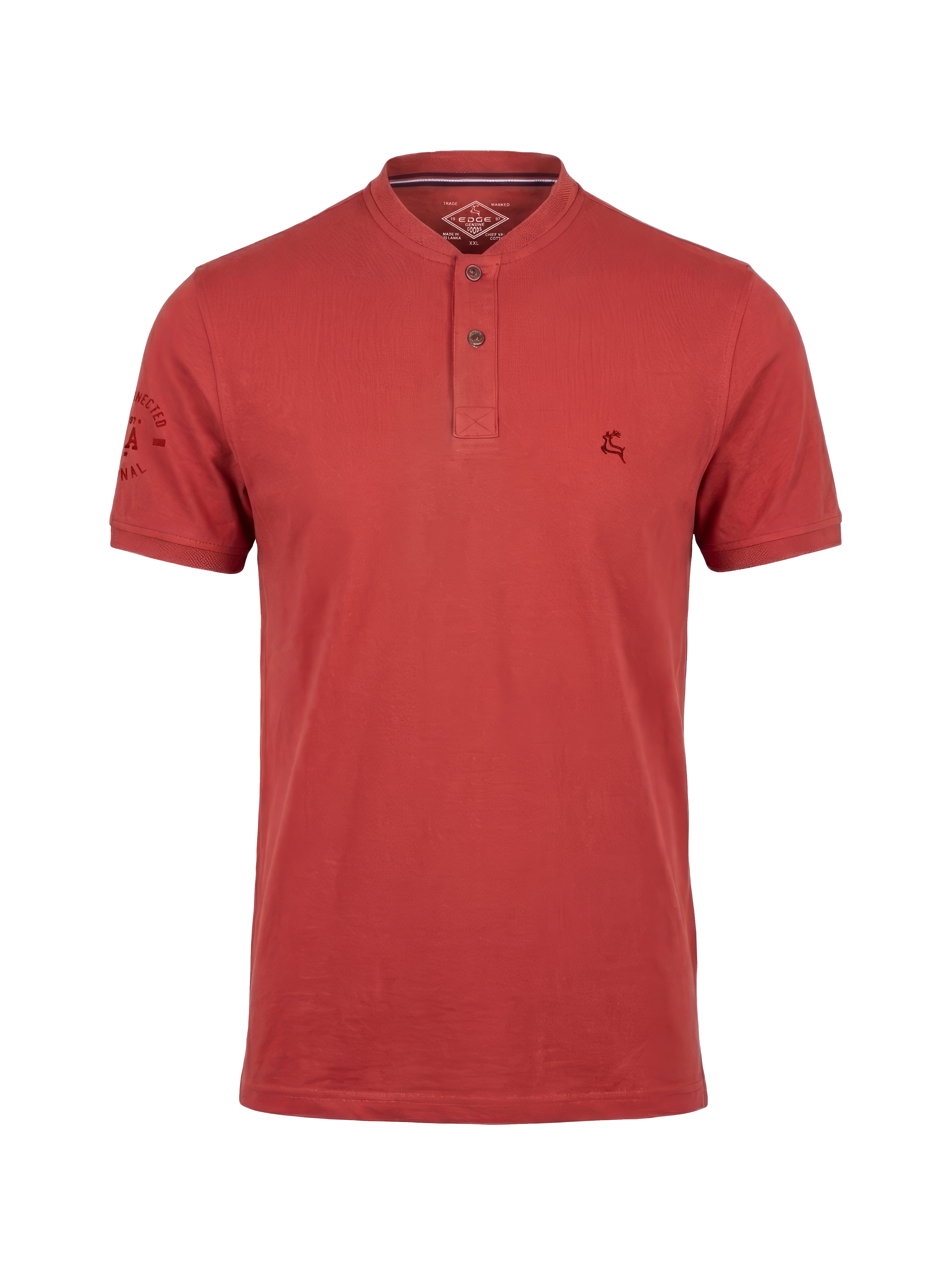 Red polo shirt with a small logo on a white background