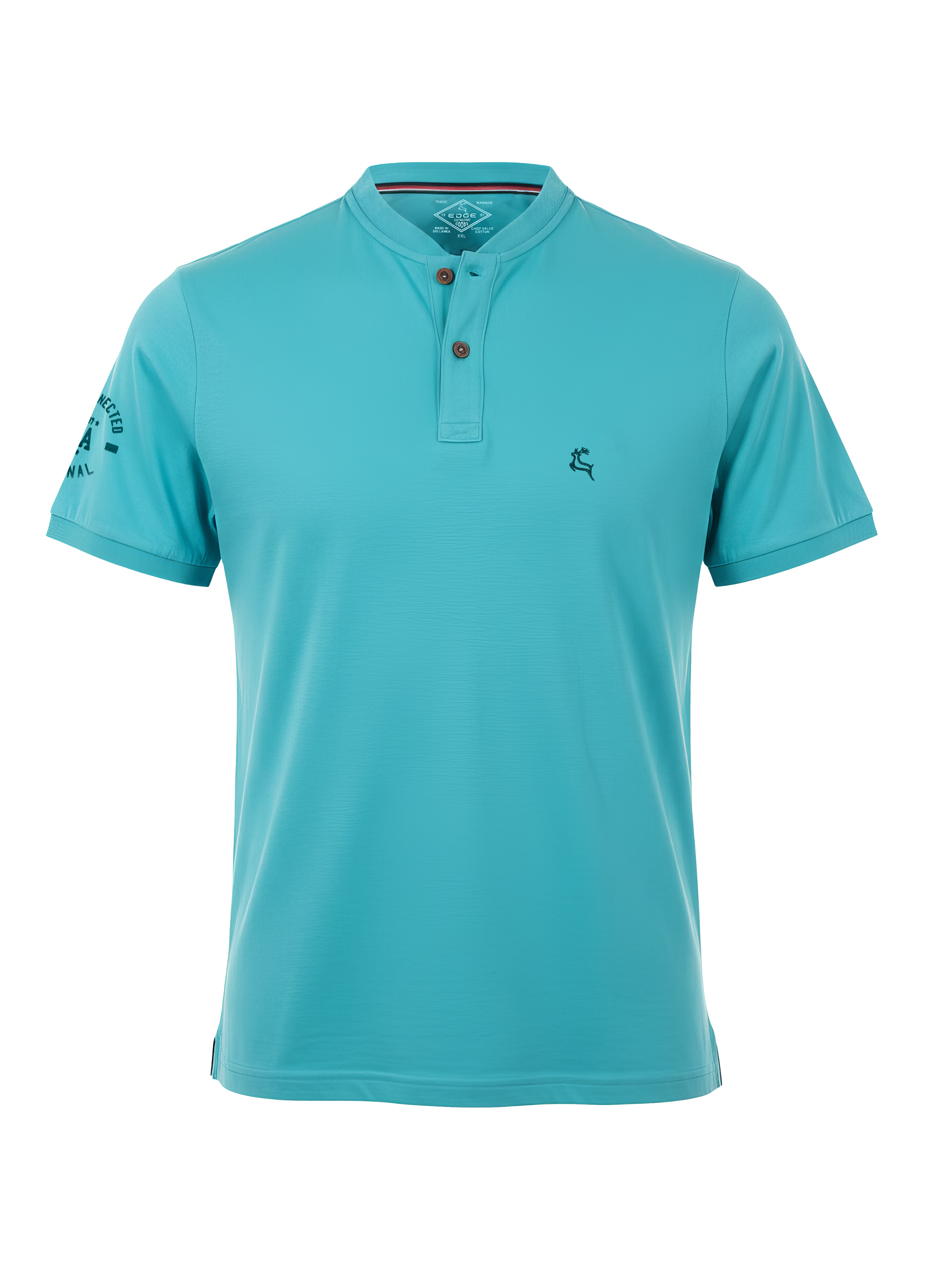 Turquoise polo shirt with a small logo on a white background