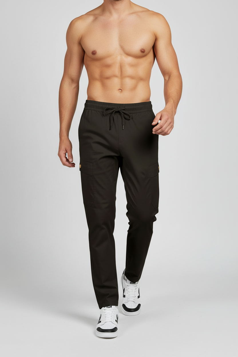 Black pants with a drawstring on a white background