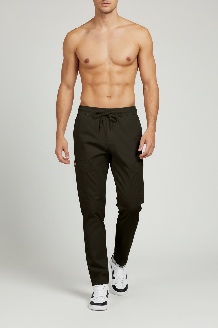 Man wearing black pants and white sneakers on a plain background