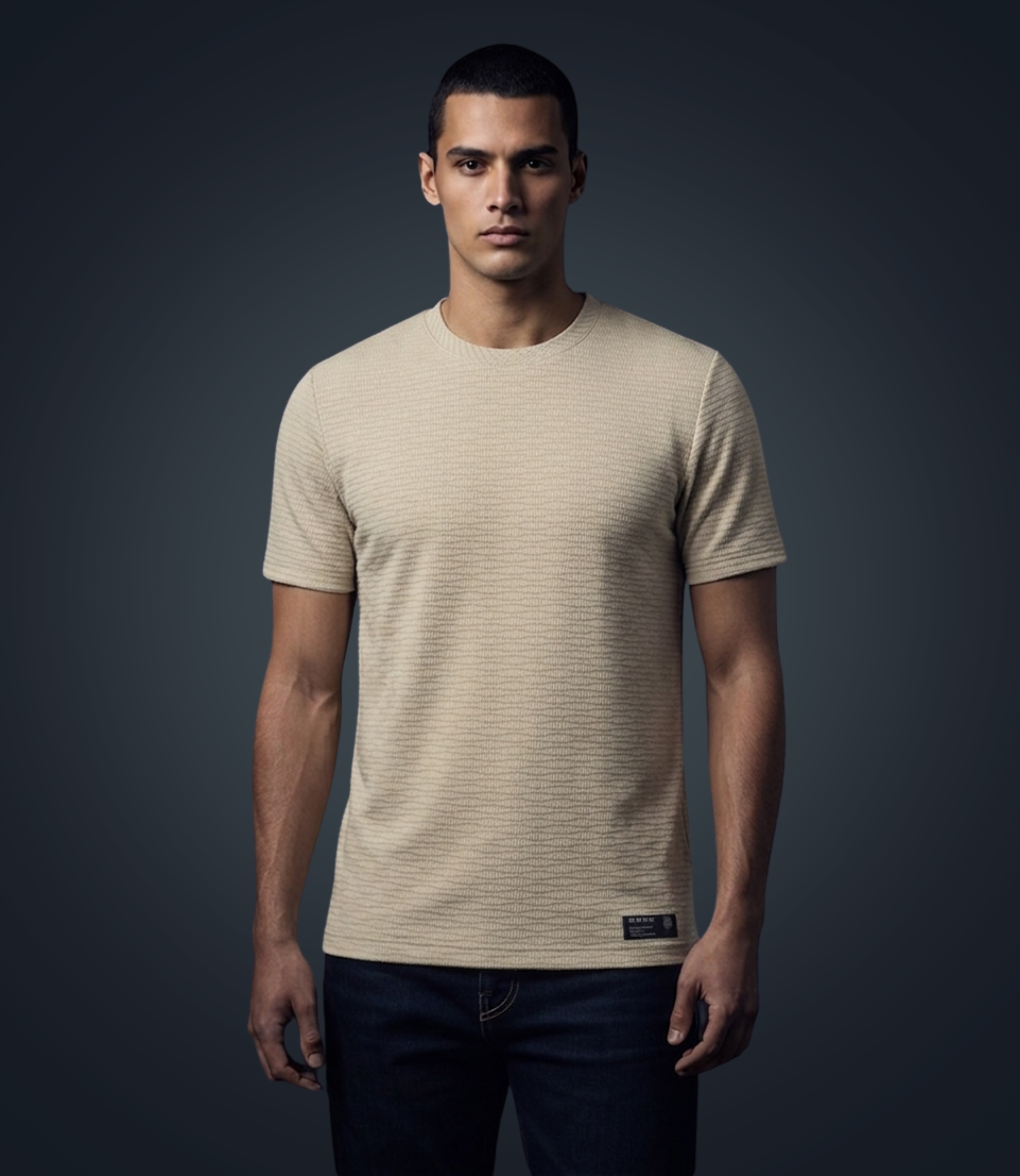 Man wearing a beige t-shirt against a dark background