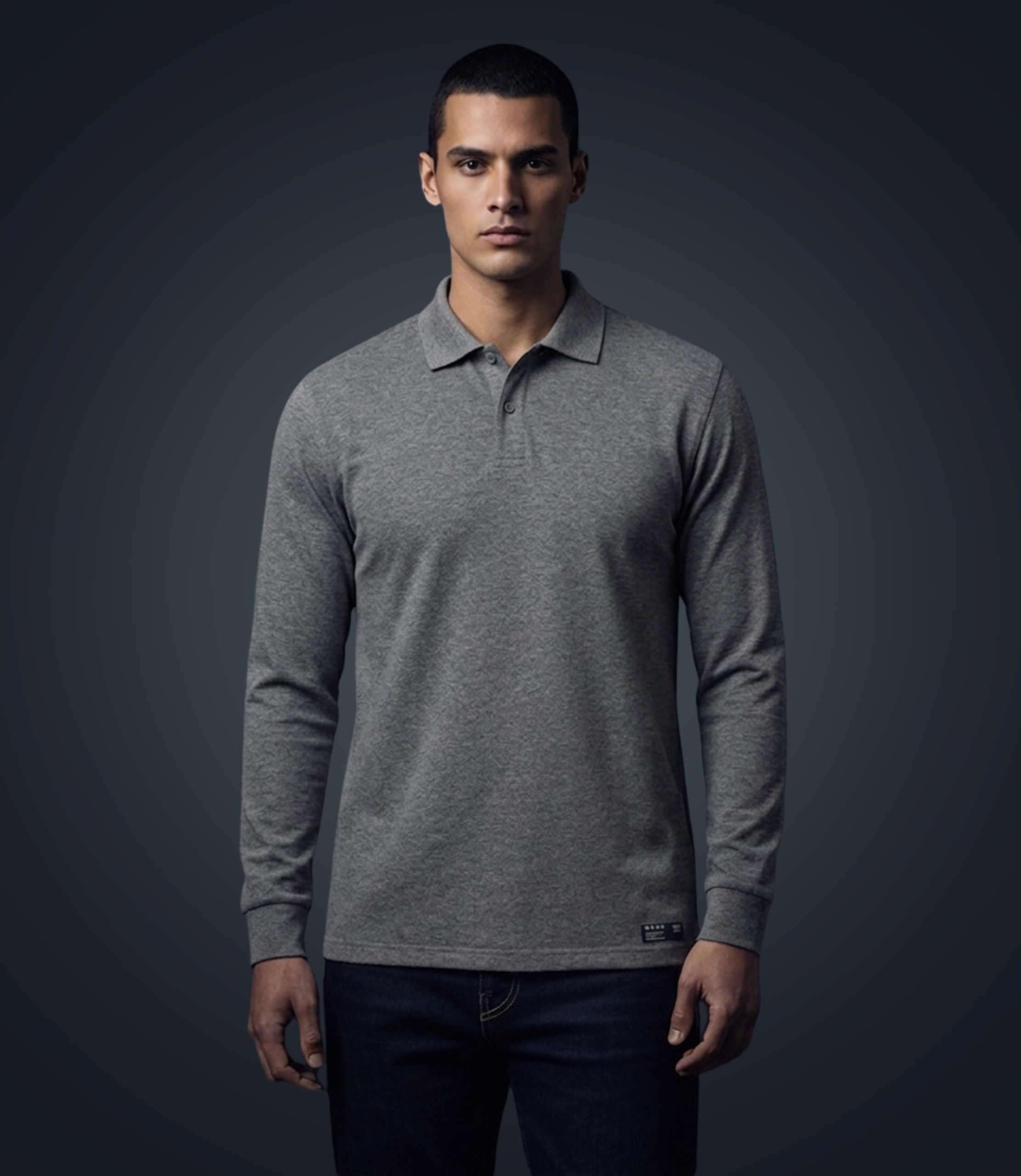 Man wearing a gray long-sleeve polo shirt against a dark background
