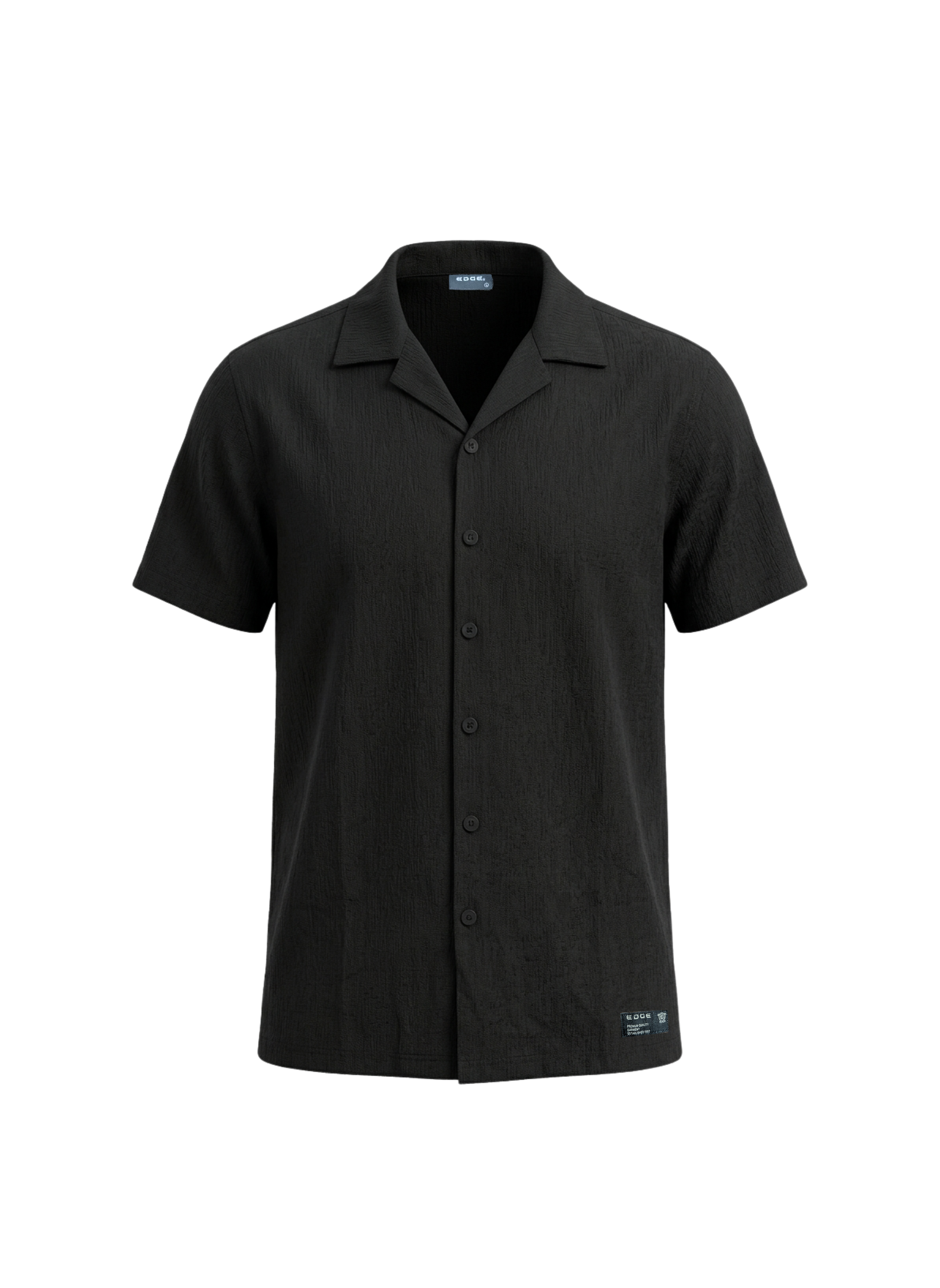 Black short-sleeve button-up shirt on a white background