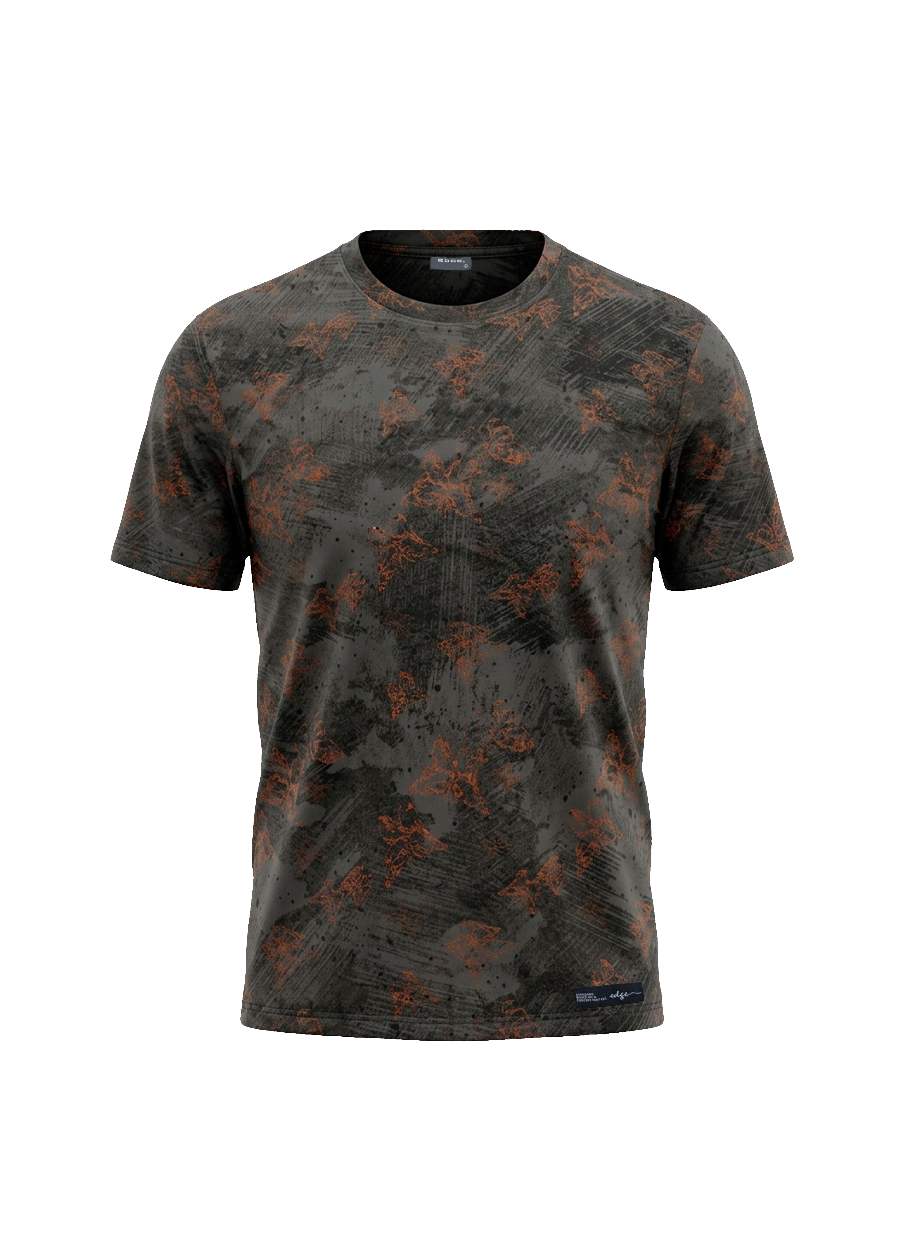 Camouflage-patterned t-shirt on a white background