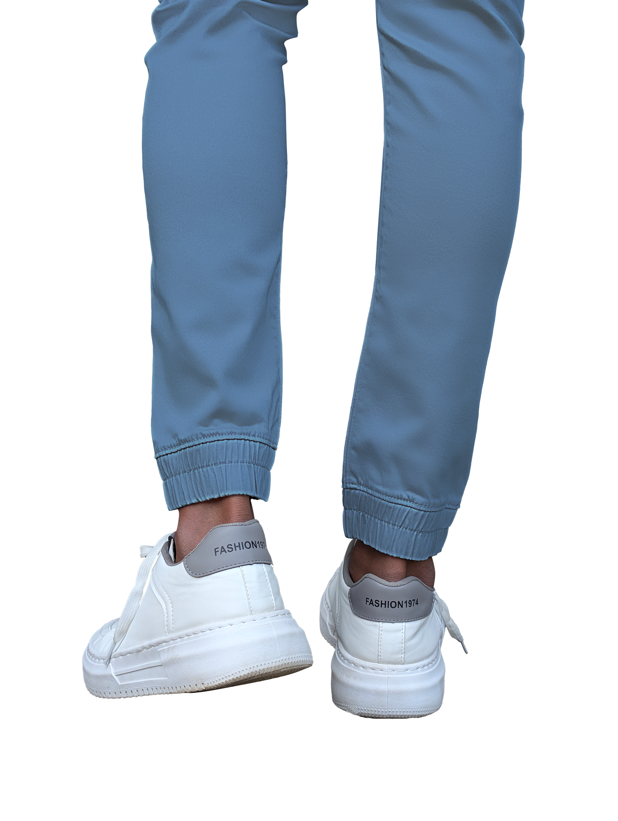 Light blue pants and white sneakers with 'Fashionista' branding on a white background