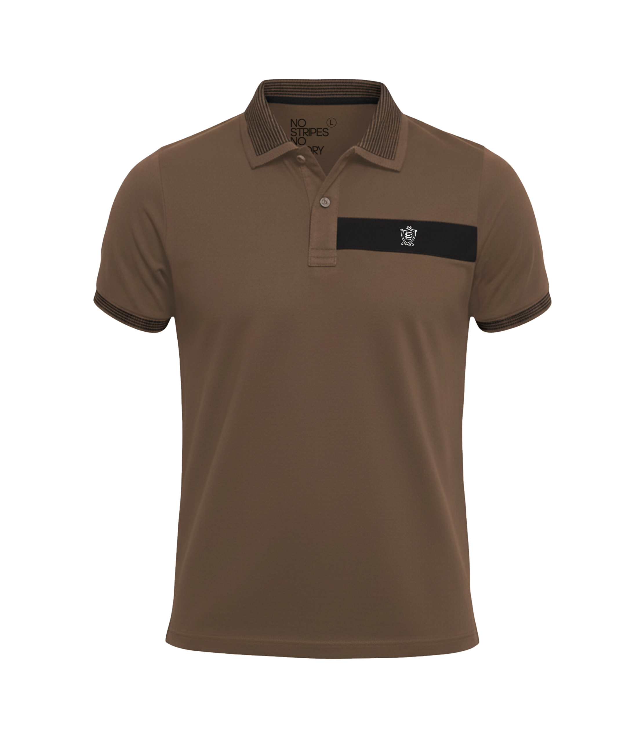 Brown polo shirt with a black logo on a white background
