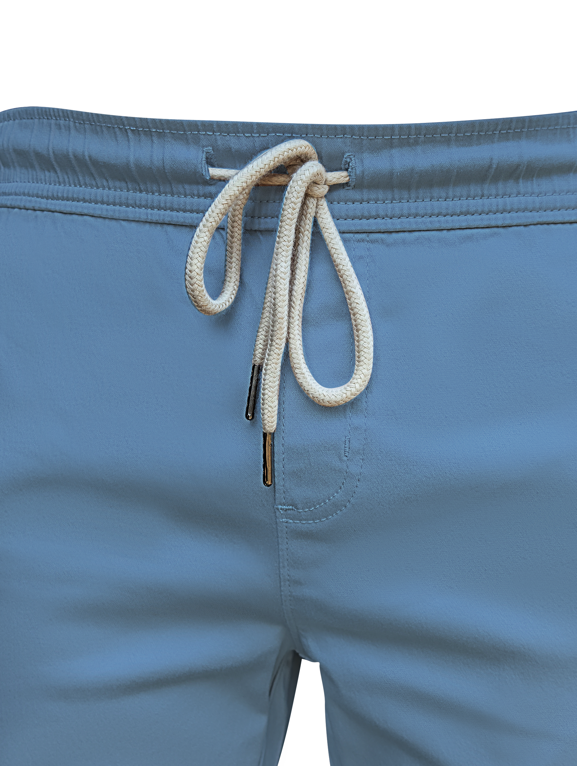 Close-up of light blue shorts with a drawstring on a white background