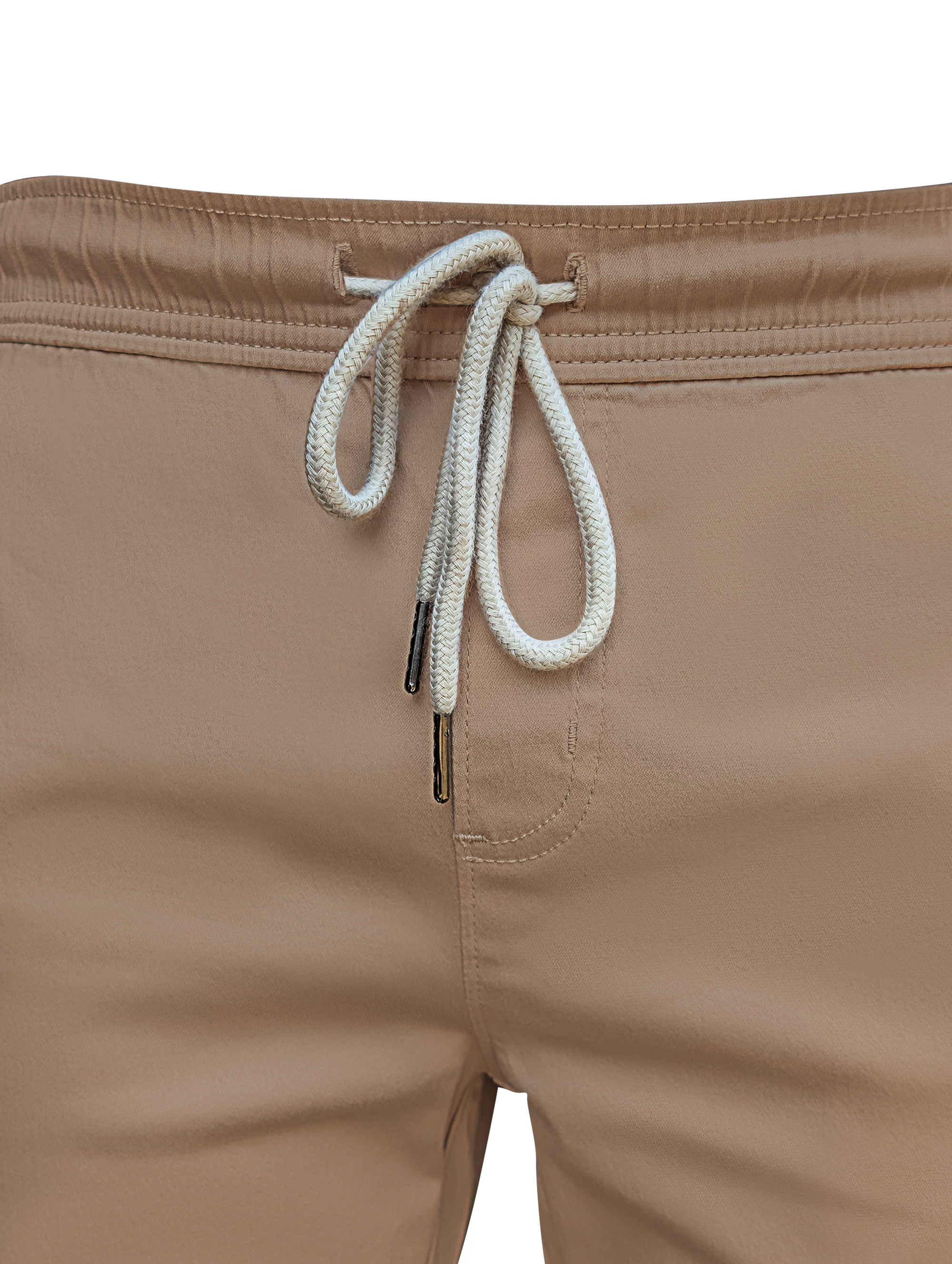 Beige shorts with a white drawstring on a white background