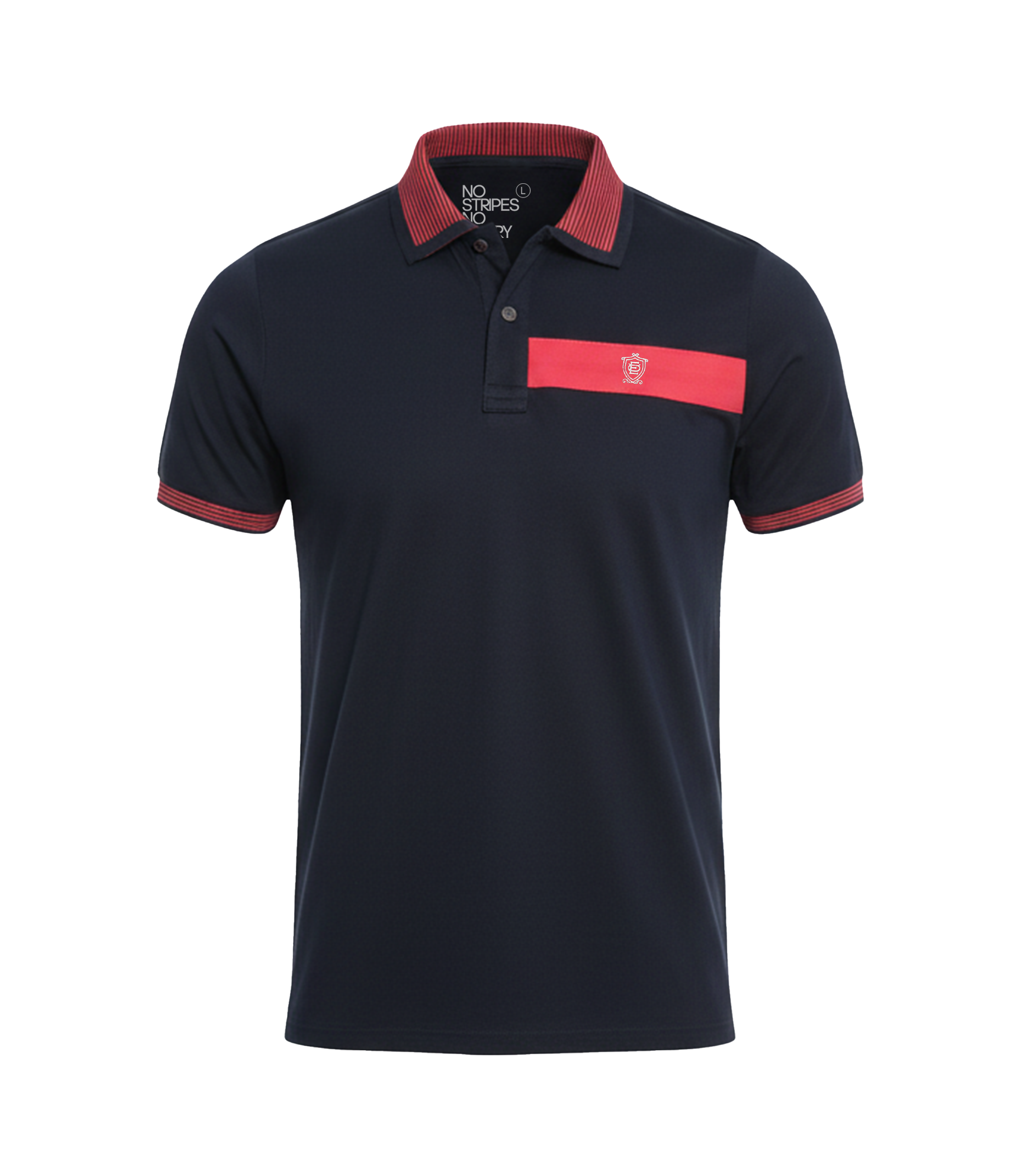 Navy blue polo shirt with red accents on a white background