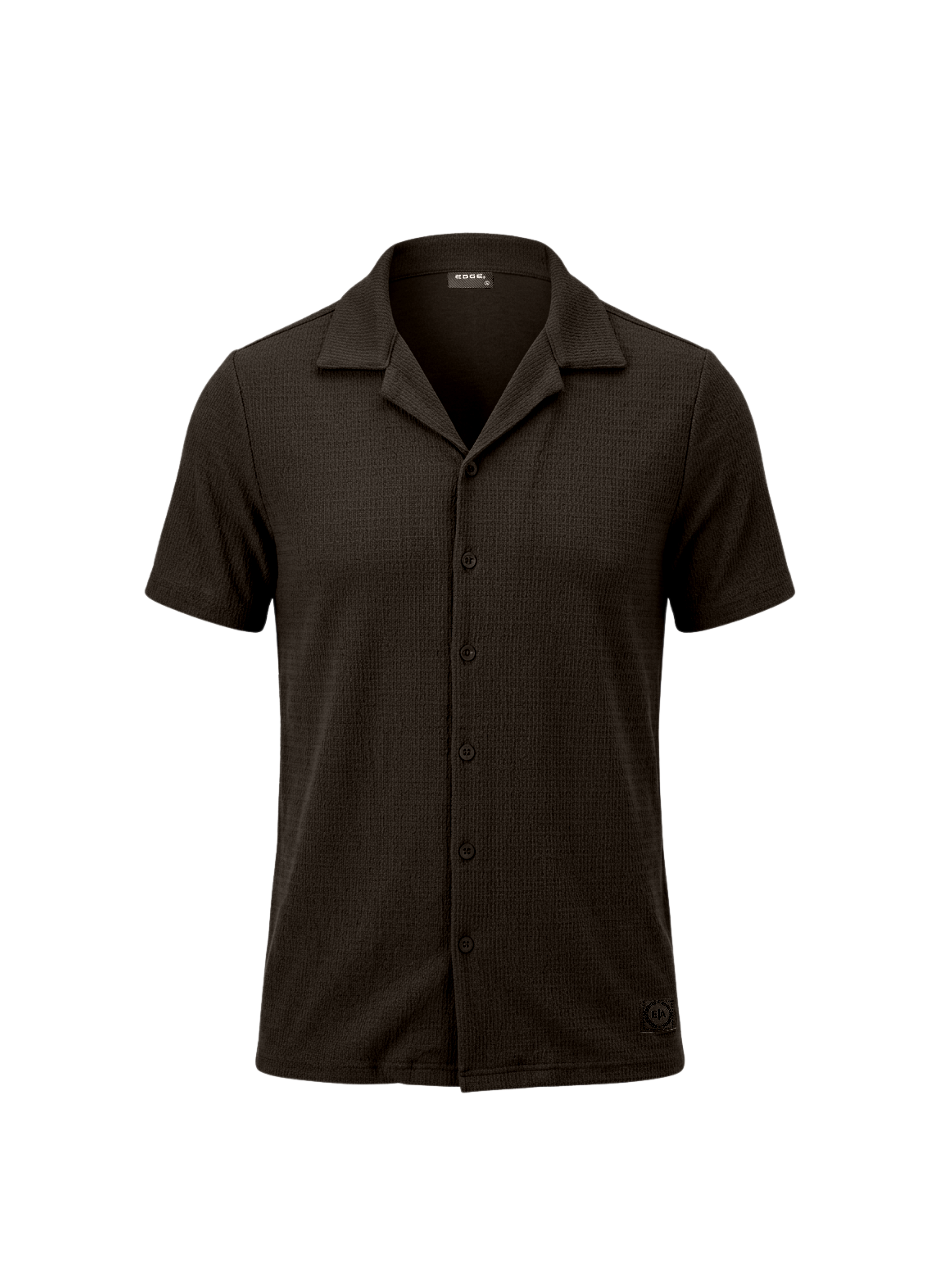 Black short-sleeve button-up shirt on a white background
